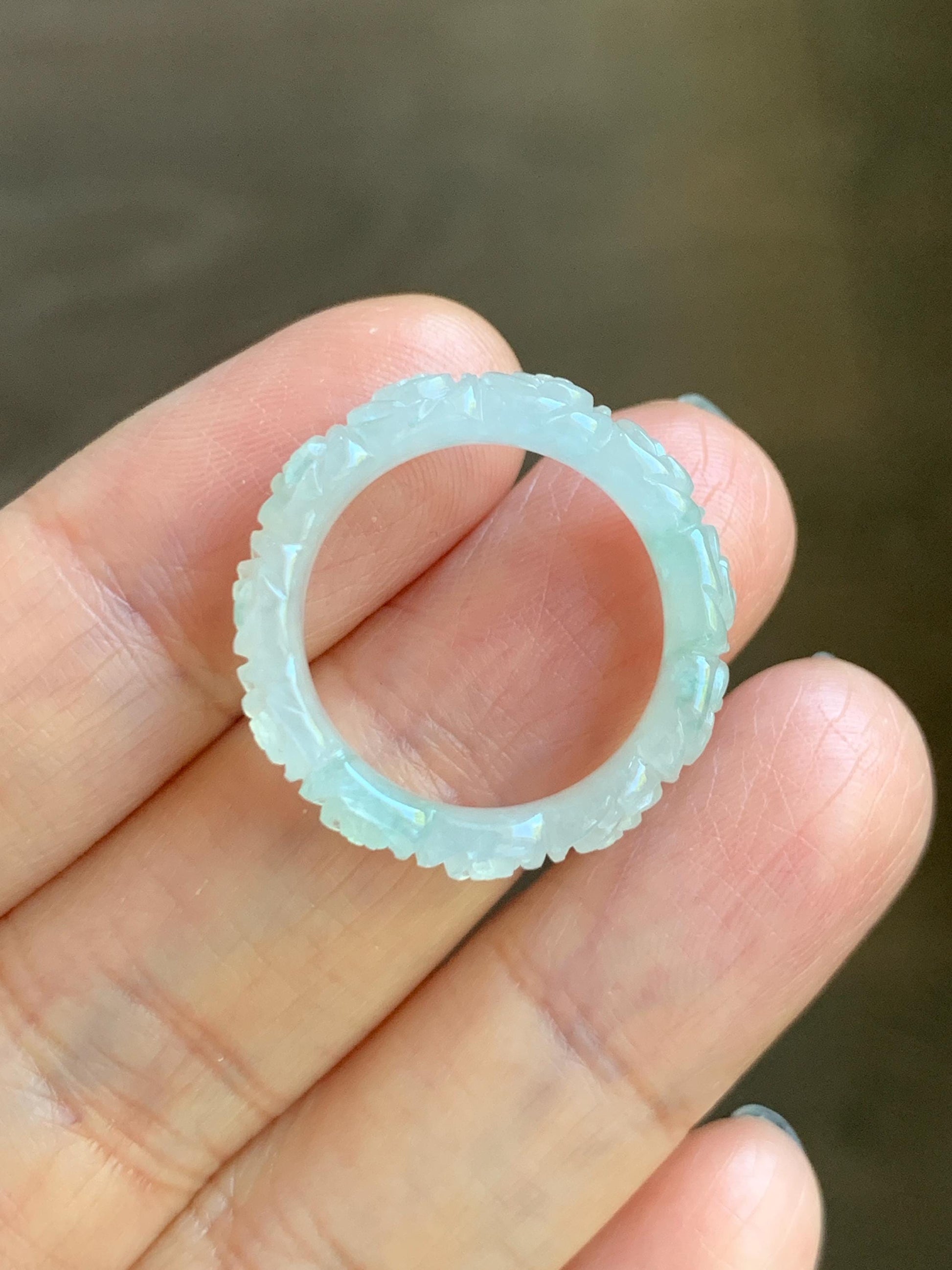 Certified Grade A Natural Icy Translucent White Green Marbled Jade Jadeite Carved Rose Band Ring Comfort Fit Size 7 US 天然白冰胶飘花翡翠玫瑰花戒圈 107