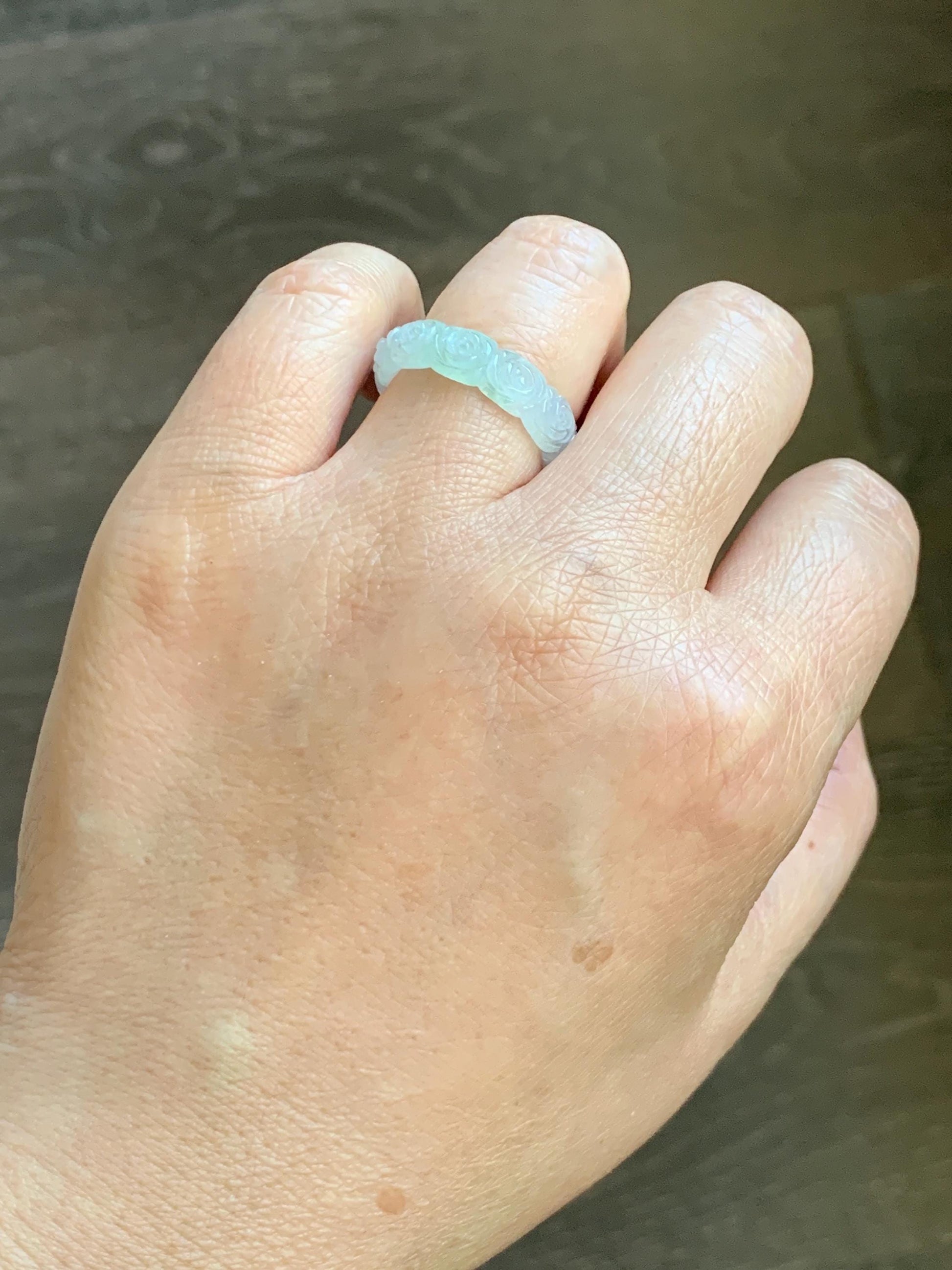 Certified Grade A Natural Icy Translucent White Green Marbled Jade Jadeite Carved Rose Band Ring Comfort Fit Size 7 US 天然白冰胶飘花翡翠玫瑰花戒圈 107
