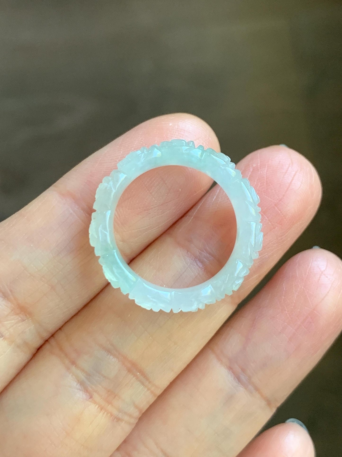 Certified Grade A Natural Icy Translucent White Green Marbled Jade Jadeite Carved Rose Band Ring Comfort Fit Size 7 US 天然白冰胶飘花翡翠玫瑰花戒圈 107