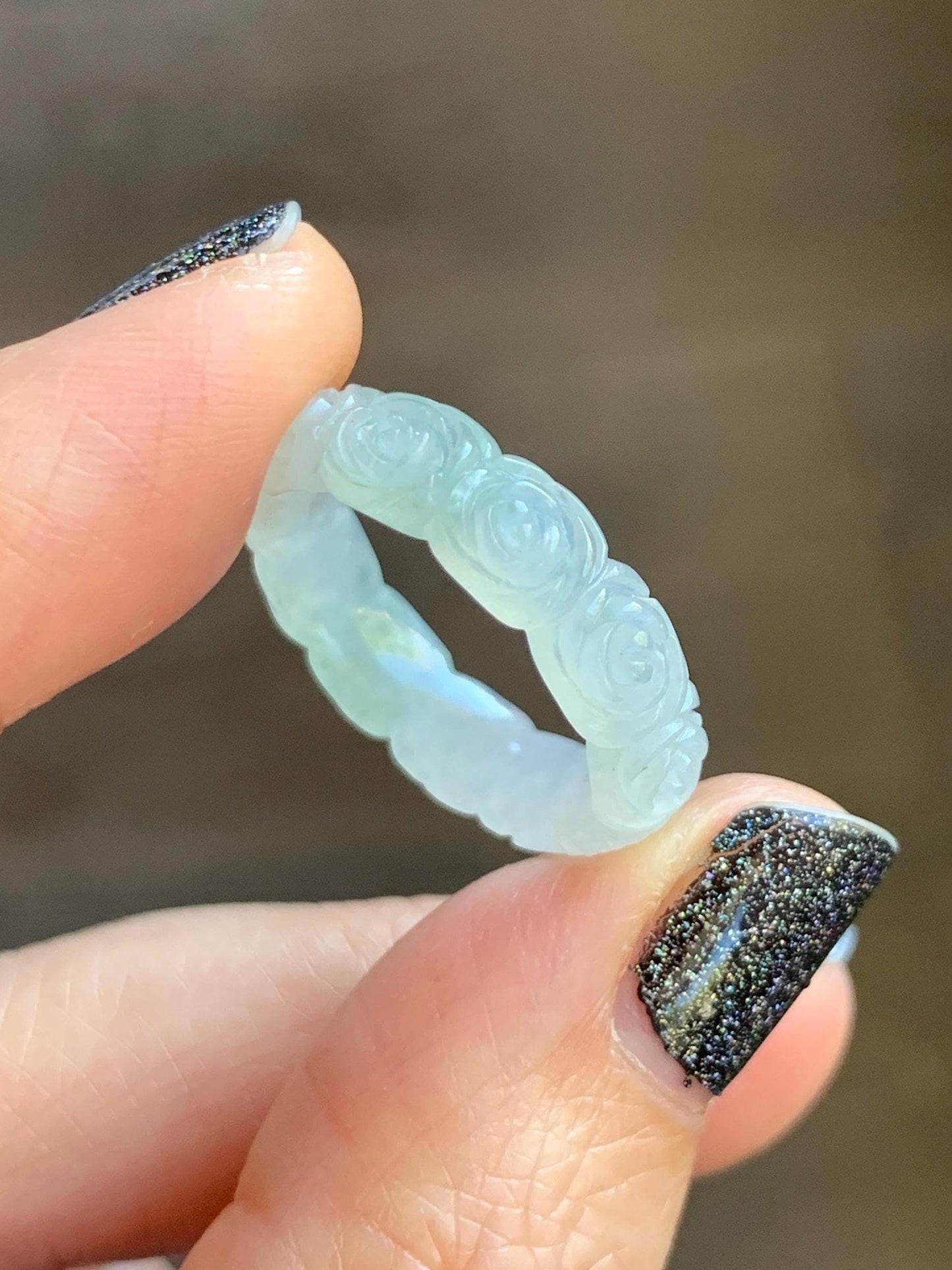 Certified Grade A Natural Icy Translucent White Green Marbled Jade Jadeite Carved Rose Band Ring Comfort Fit Size 7 US 天然白冰胶飘花翡翠玫瑰花戒圈 107