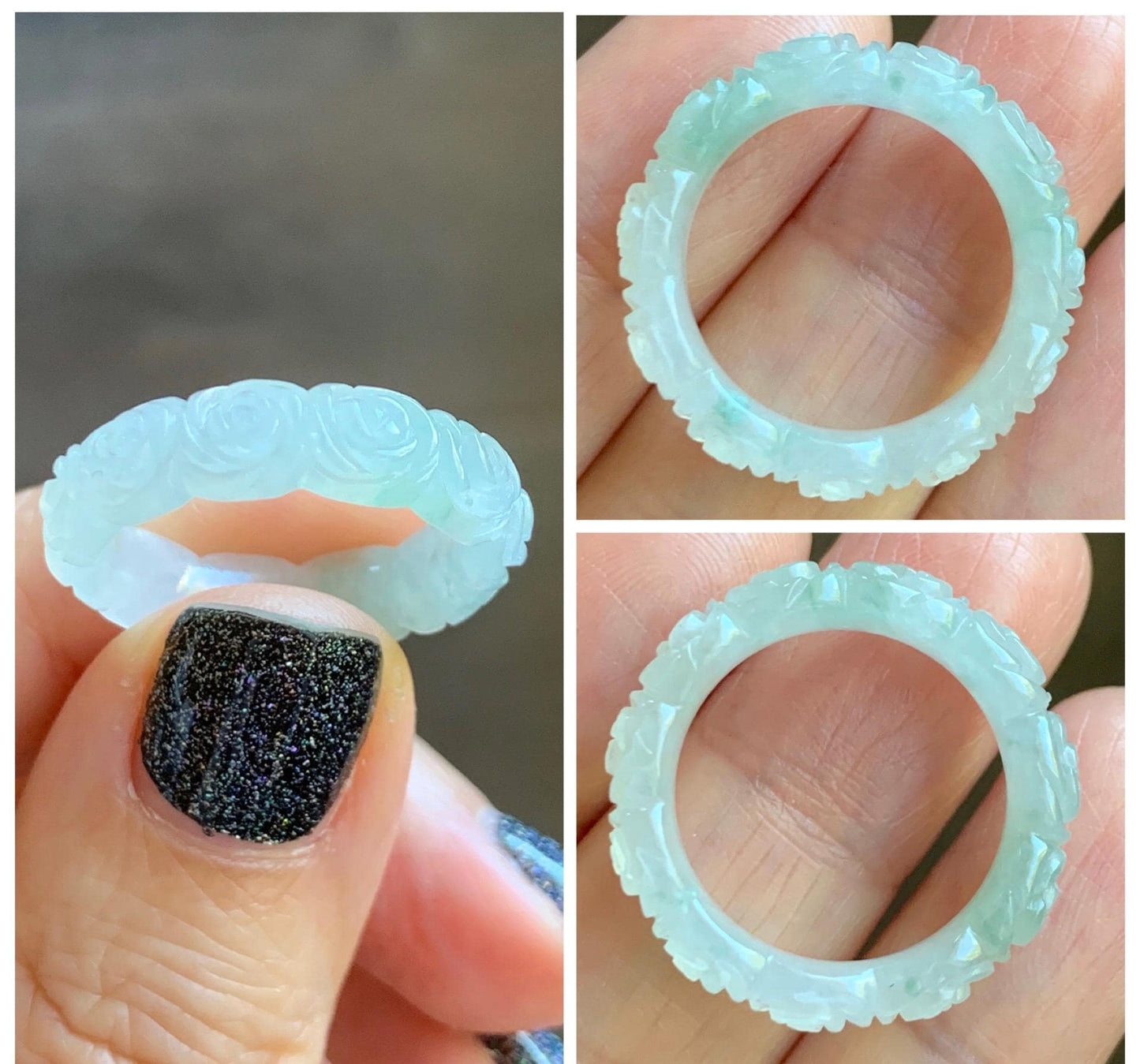 Certified Grade A Natural Icy Translucent White Green Marbled Jade Jadeite Carved Rose Band Ring Comfort Fit Size 7 US 天然白冰胶飘花翡翠玫瑰花戒圈 105