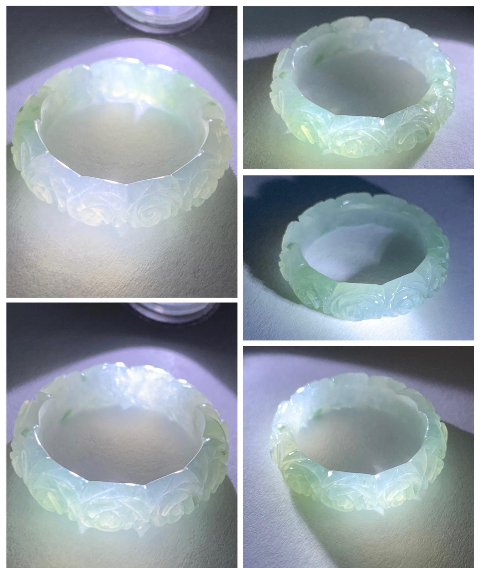 Certified Grade A Natural Icy Translucent White Green Marbled Jade Jadeite Carved Rose Band Ring Comfort Fit Size 7 US 天然白冰胶飘花翡翠玫瑰花戒圈 105