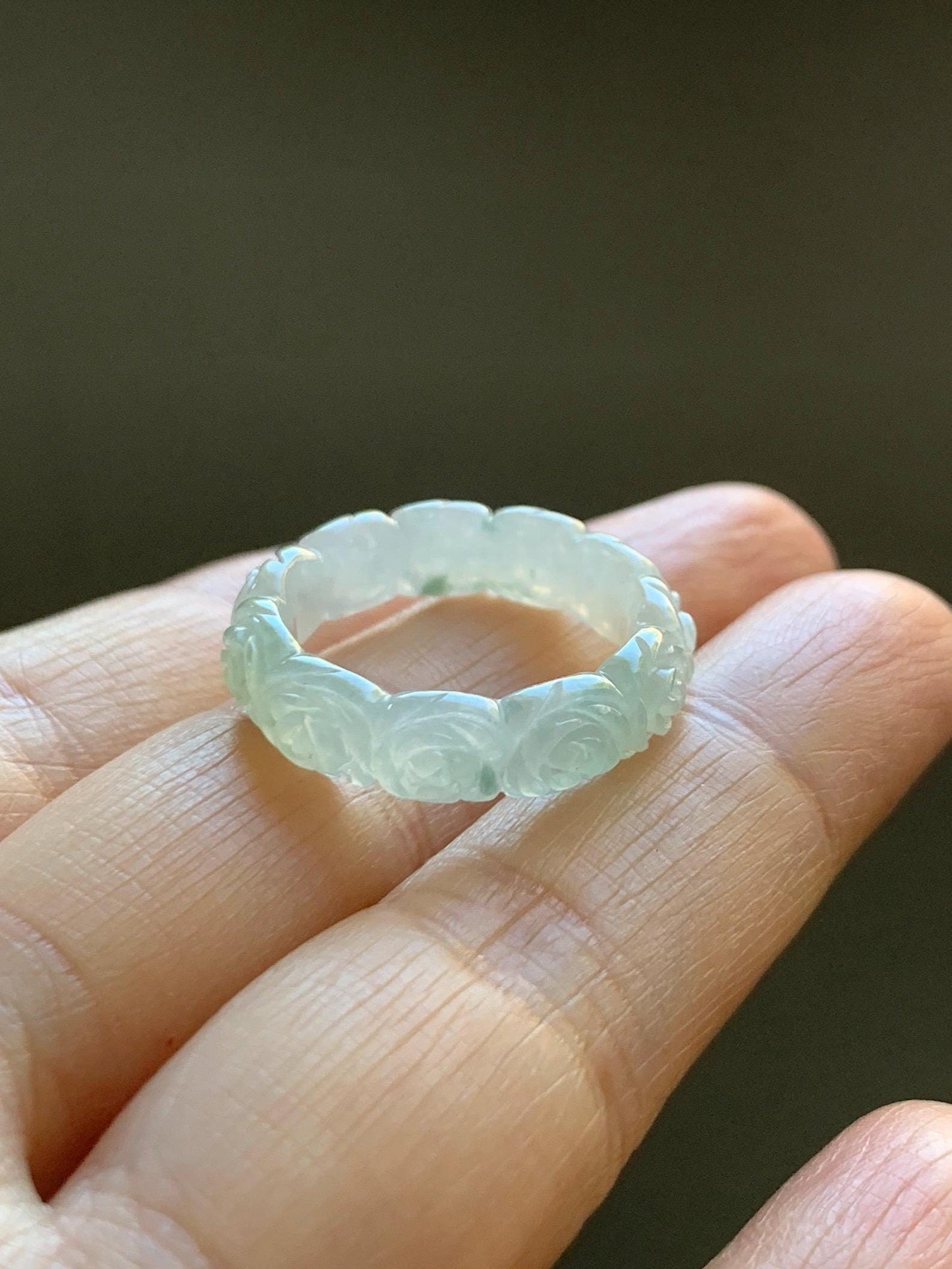 Certified Grade A Natural Icy Translucent White Green Marbled Jade Jadeite Carved Rose Band Ring Comfort Fit Size 7 US 天然白冰胶飘花翡翠玫瑰花戒圈 105