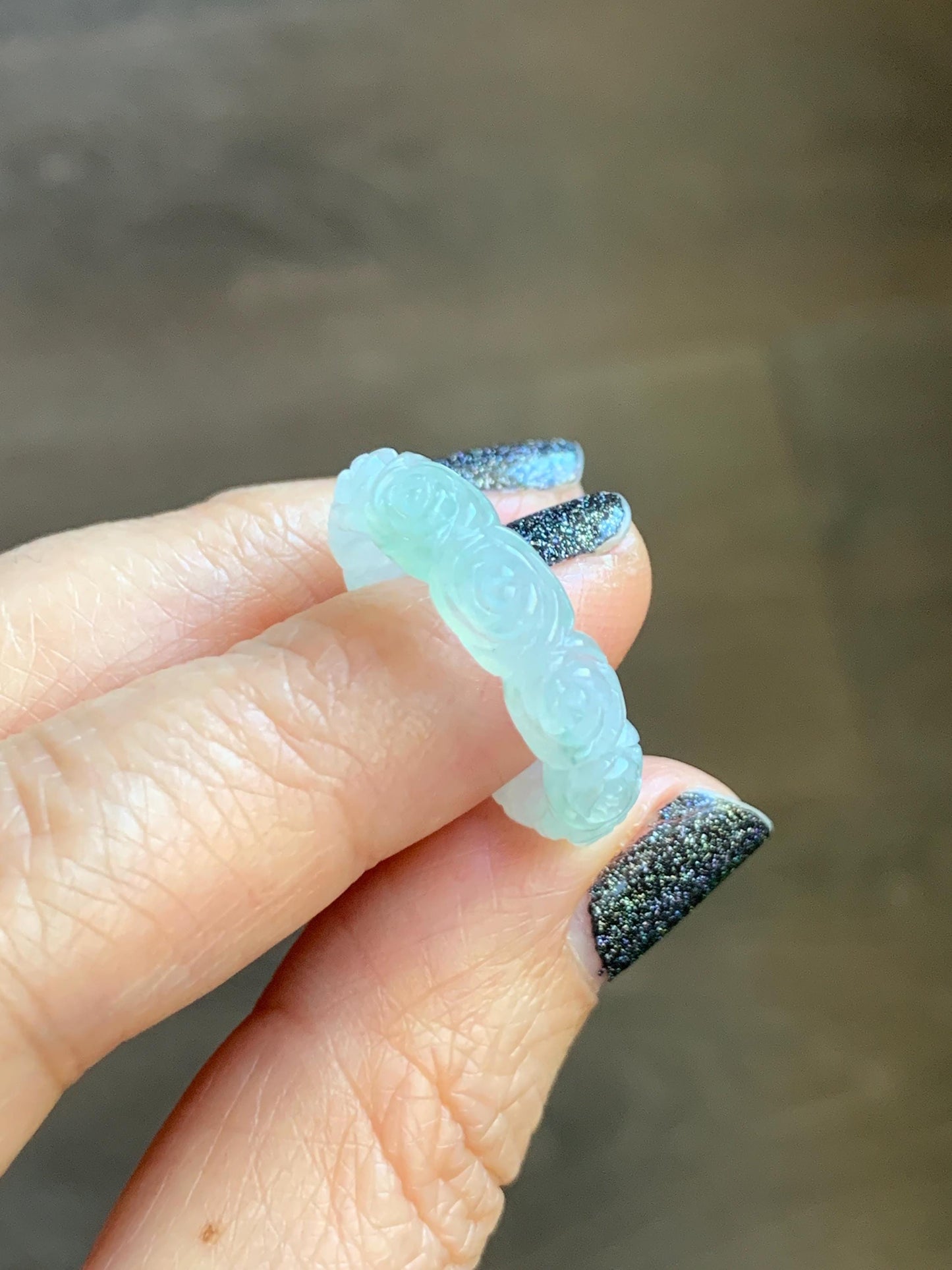Certified Grade A Natural Icy Translucent White Green Marbled Jade Jadeite Carved Rose Band Ring Comfort Fit Size 7 US 天然白冰胶飘花翡翠玫瑰花戒圈 105