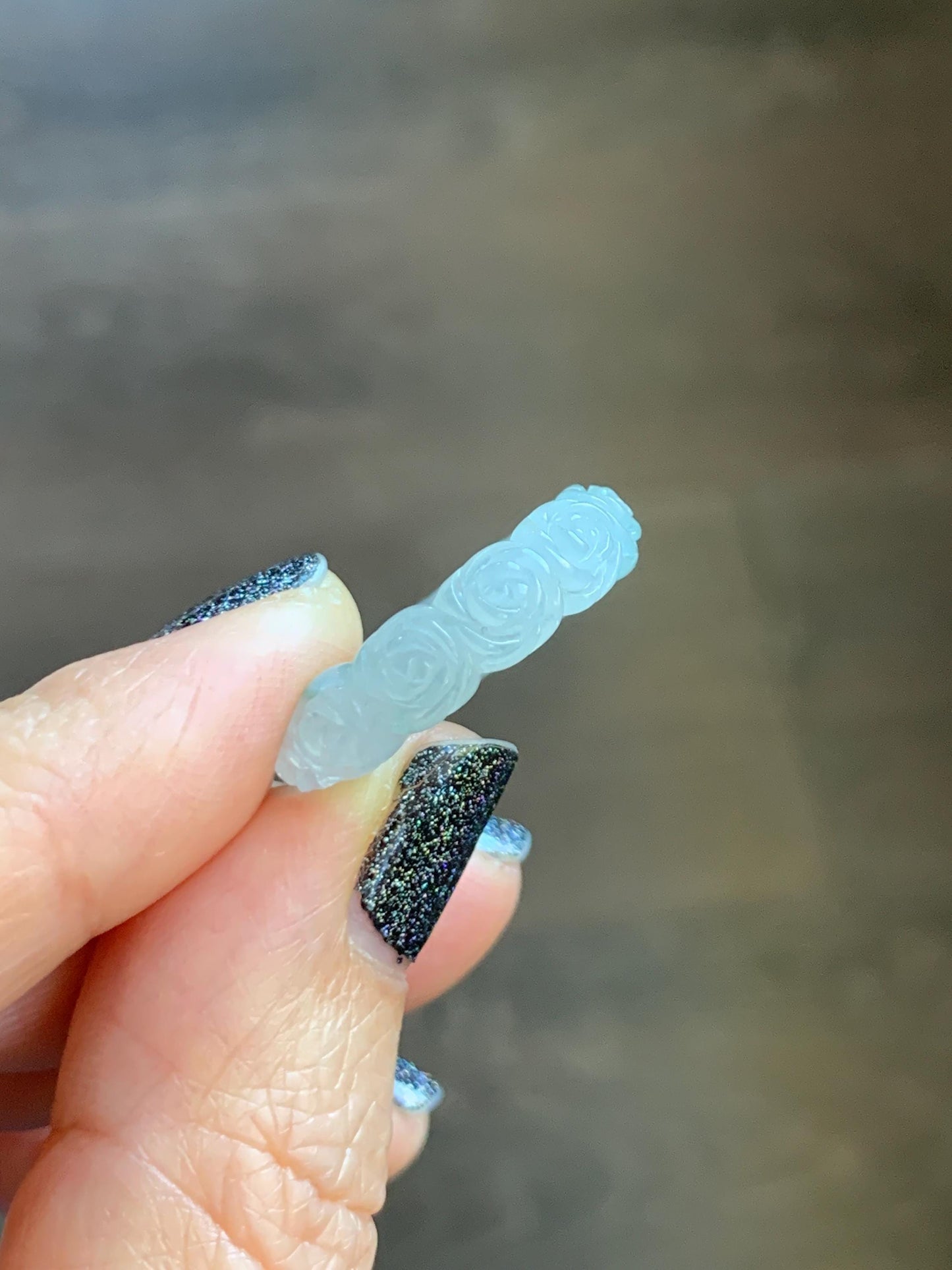Certified Grade A Natural Icy Translucent White Green Marbled Jade Jadeite Carved Rose Band Ring Comfort Fit Size 7 US 天然白冰胶飘花翡翠玫瑰花戒圈 105