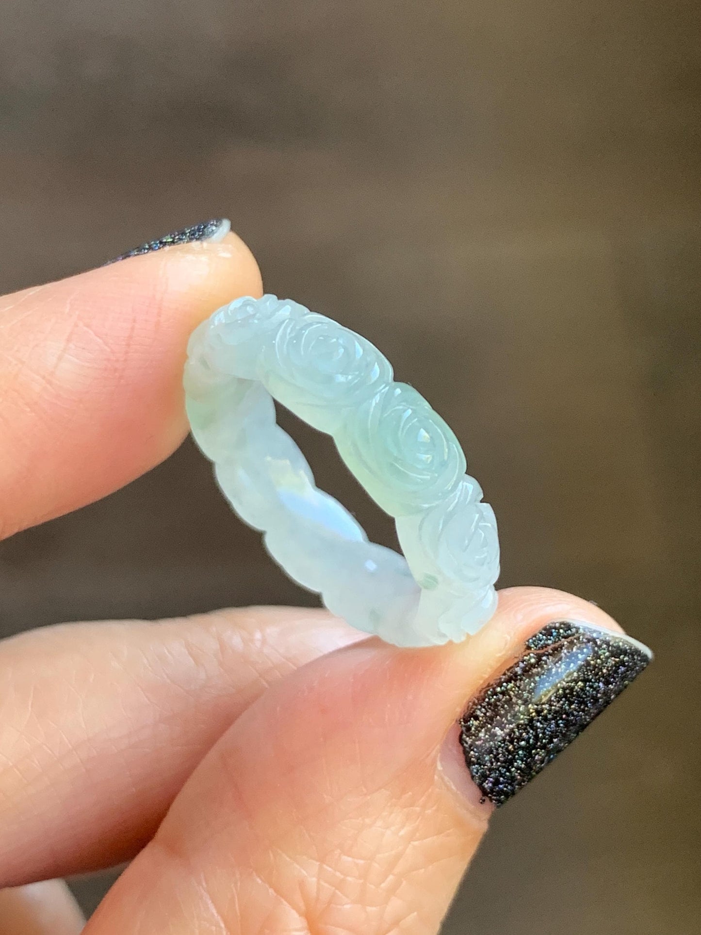 Certified Grade A Natural Icy Translucent White Green Marbled Jade Jadeite Carved Rose Band Ring Comfort Fit Size 7 US 天然白冰胶飘花翡翠玫瑰花戒圈 105