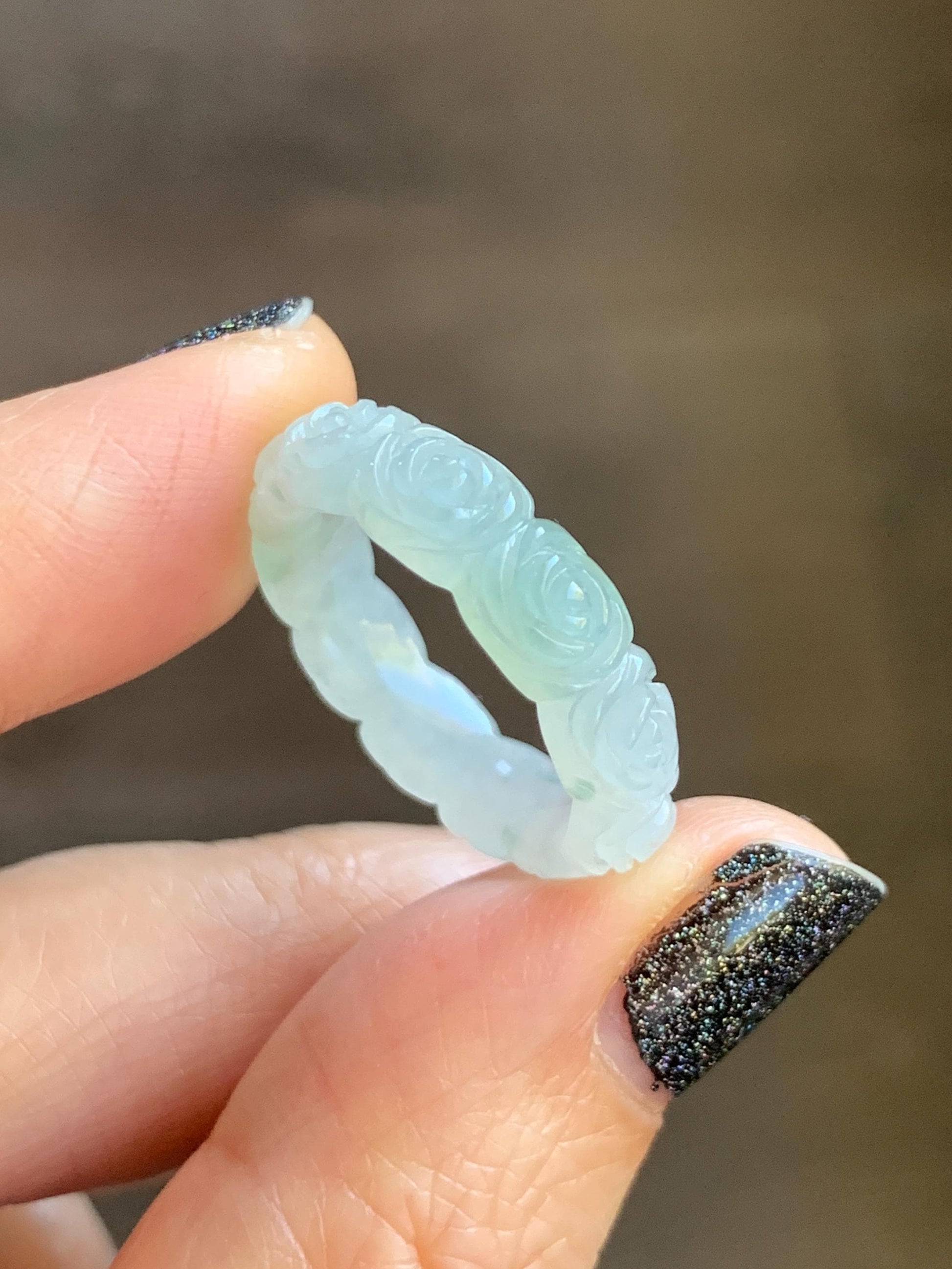 Certified Grade A Natural Icy Translucent White Green Marbled Jade Jadeite Carved Rose Band Ring Comfort Fit Size 7 US 天然白冰胶飘花翡翠玫瑰花戒圈 105