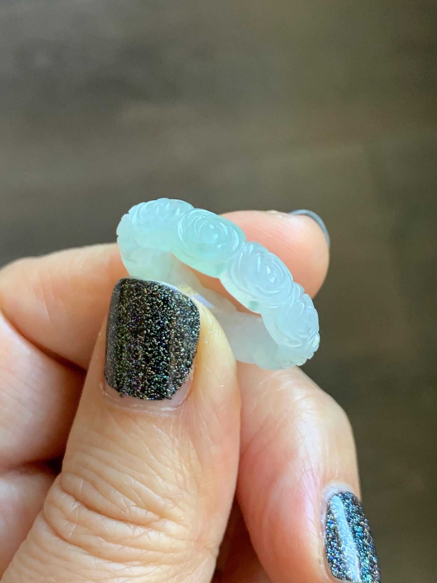Certified Grade A Natural Icy Translucent White Green Marbled Jade Jadeite Carved Rose Band Ring Comfort Fit Size 7 US 天然白冰胶飘花翡翠玫瑰花戒圈 105
