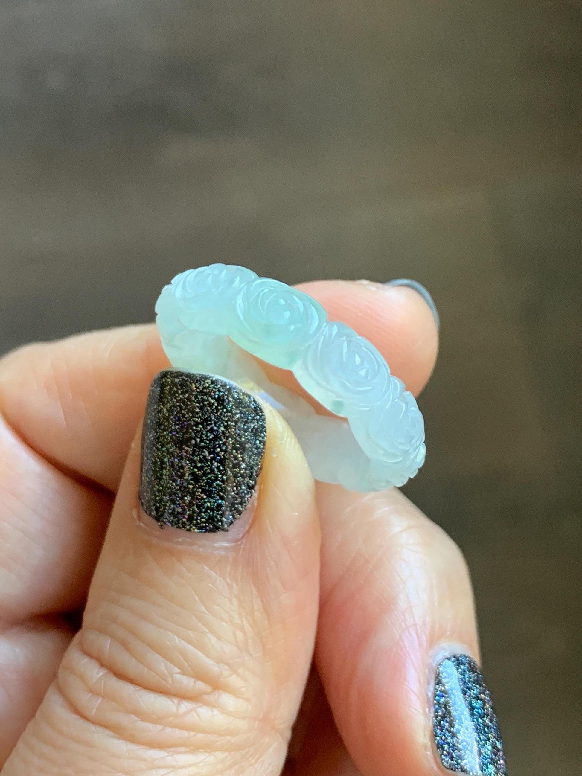 Certified Grade A Natural Icy Translucent White Green Marbled Jade Jadeite Carved Rose Band Ring Comfort Fit Size 7 US 天然白冰胶飘花翡翠玫瑰花戒圈 105