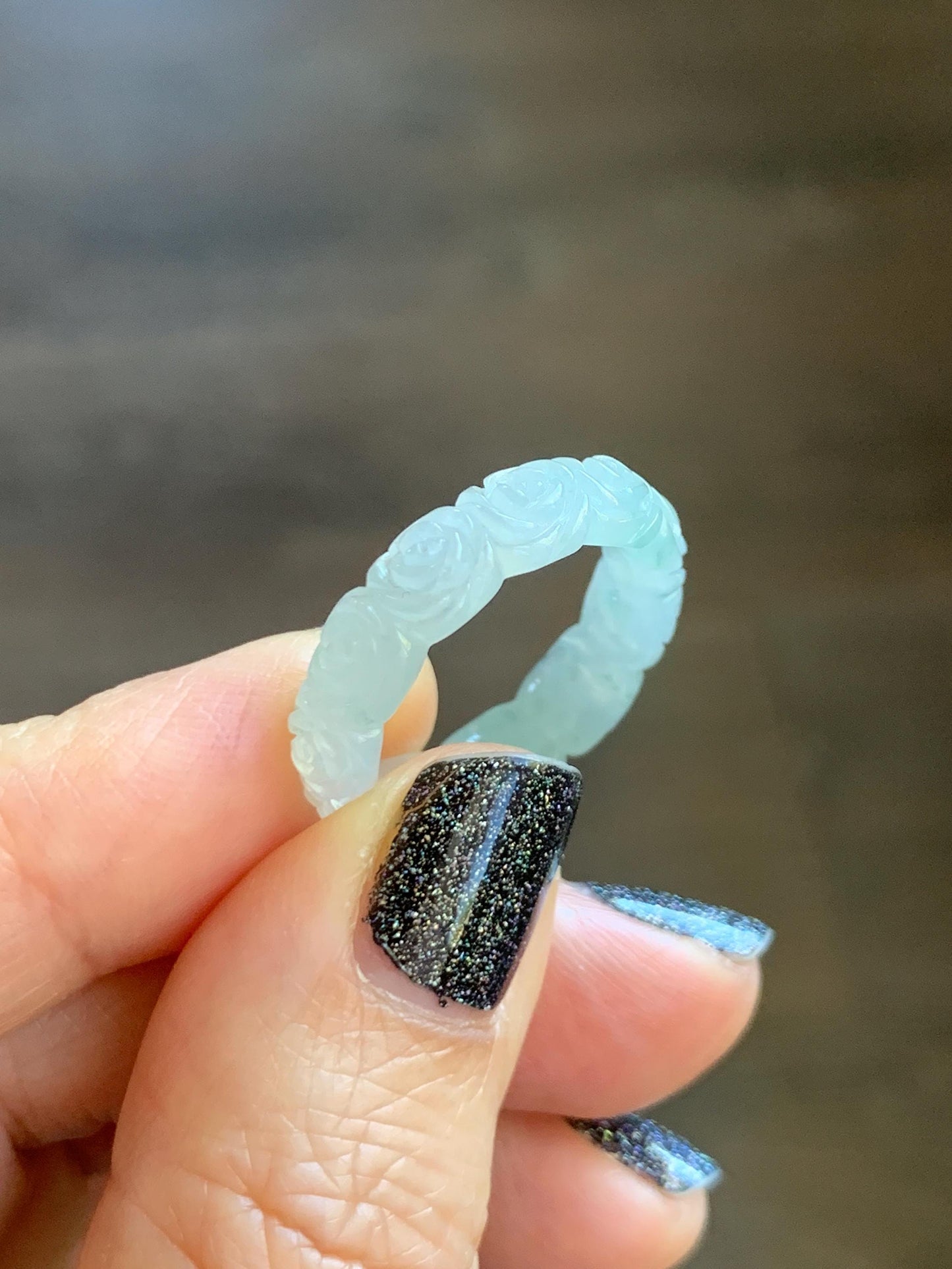 Certified Grade A Natural Icy Translucent White Green Marbled Jade Jadeite Carved Rose Band Ring Comfort Fit Size 7 US 天然白冰胶飘花翡翠玫瑰花戒圈 105