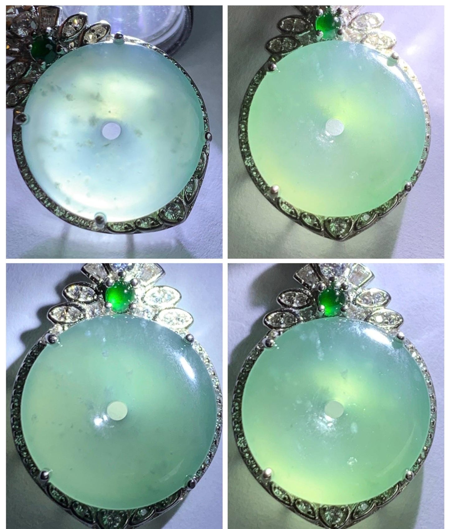 Natural Grade A Guatemalan Icy Translucent Pastel Teal Green Jade Jadeite Ping An Kou Donut Pendant Sterling Silver 天然冰危浅蓝绿翡翠平安扣吊坠 WQK204A