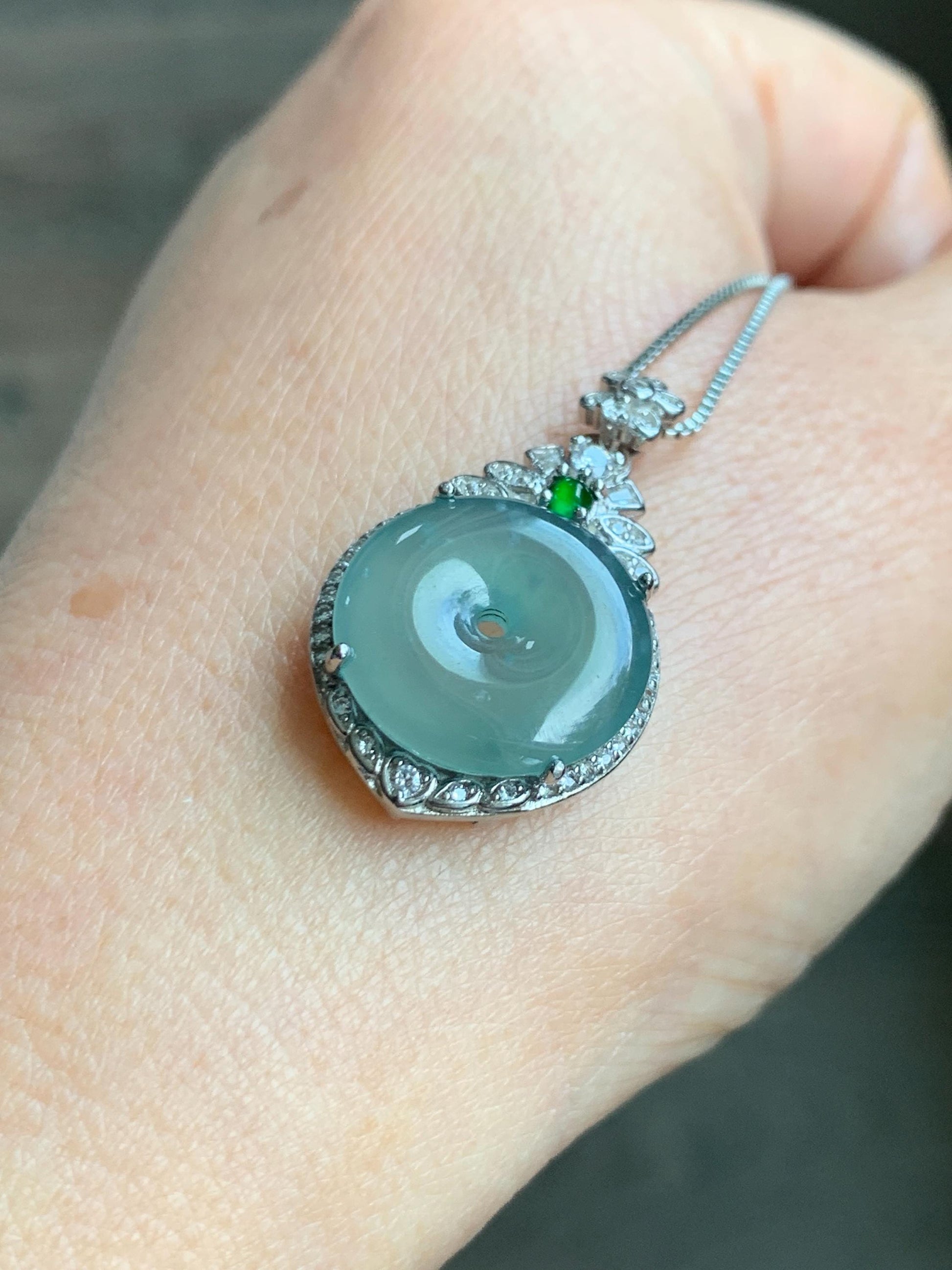 Natural Grade A Guatemalan Icy Translucent Pastel Teal Green Jade Jadeite Ping An Kou Donut Pendant Sterling Silver 天然冰危浅蓝绿翡翠平安扣吊坠 WQK204A
