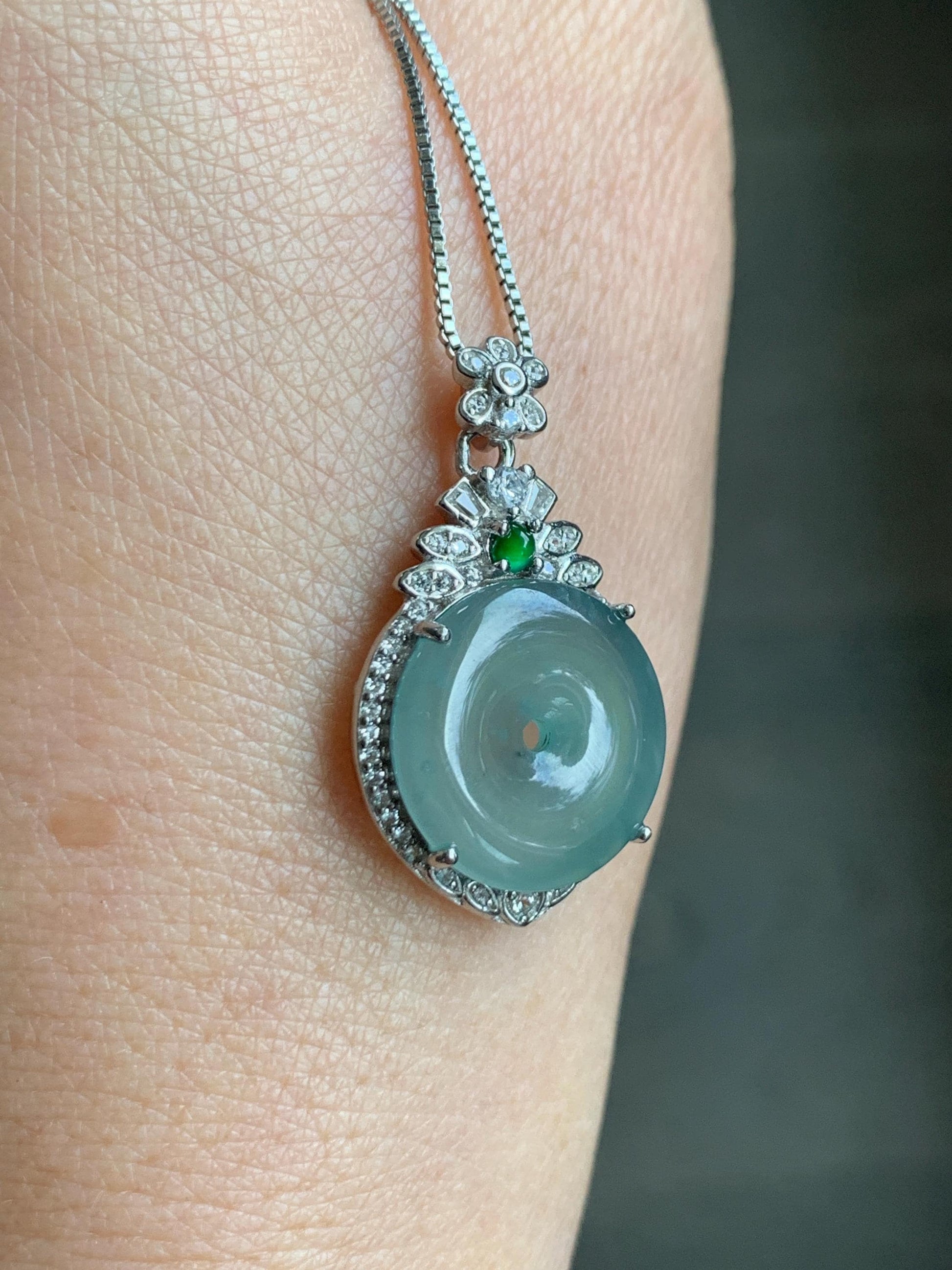 Natural Grade A Guatemalan Icy Translucent Pastel Teal Green Jade Jadeite Ping An Kou Donut Pendant Sterling Silver 天然冰危浅蓝绿翡翠平安扣吊坠 WQK204A