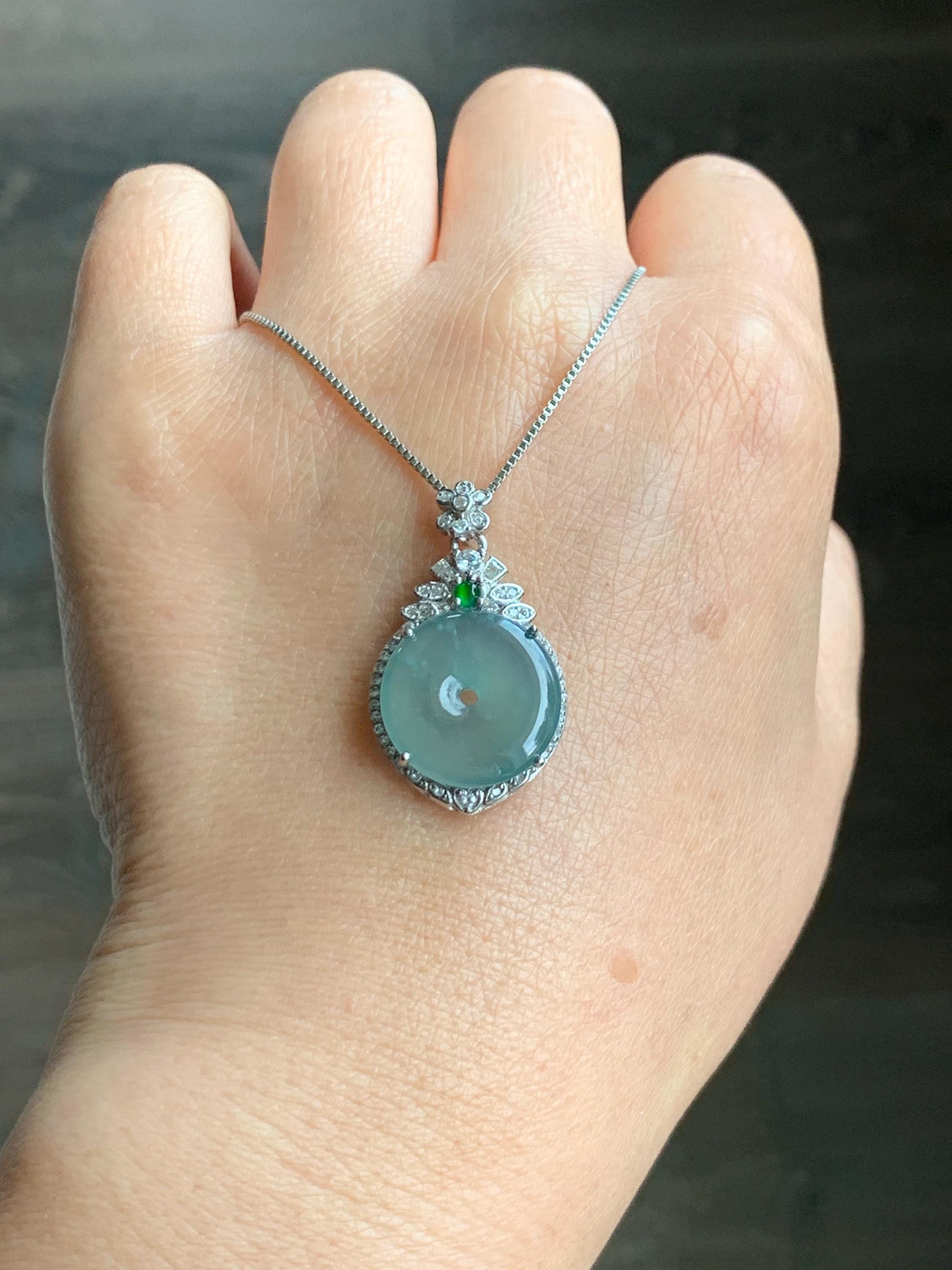 Natural Grade A Guatemalan Icy Translucent Pastel Teal Green Jade Jadeite Ping An Kou Donut Pendant Sterling Silver 天然冰危浅蓝绿翡翠平安扣吊坠 WQK204A