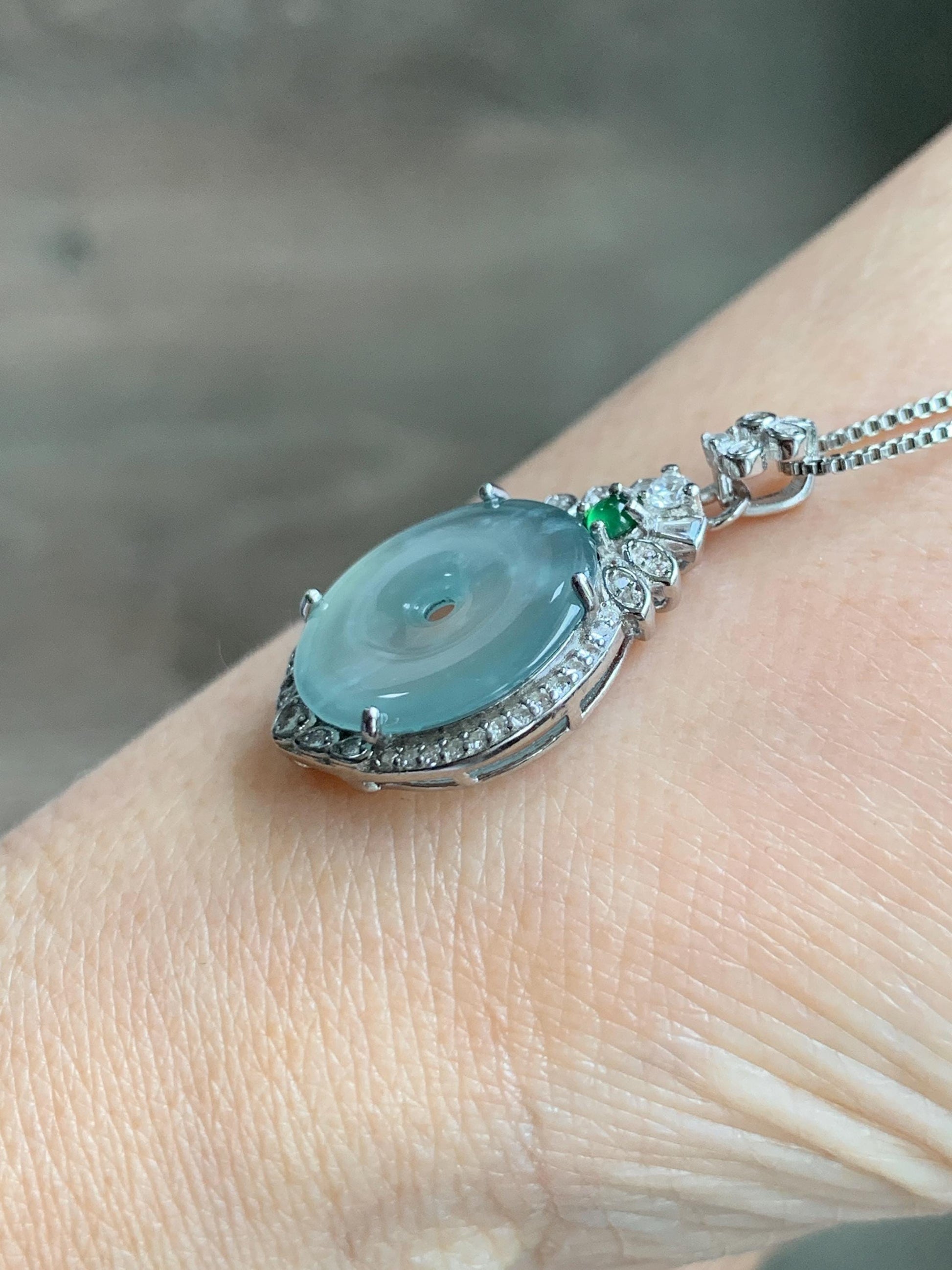 Natural Grade A Guatemalan Icy Translucent Pastel Teal Green Jade Jadeite Ping An Kou Donut Pendant Sterling Silver 天然冰危浅蓝绿翡翠平安扣吊坠 WQK204B