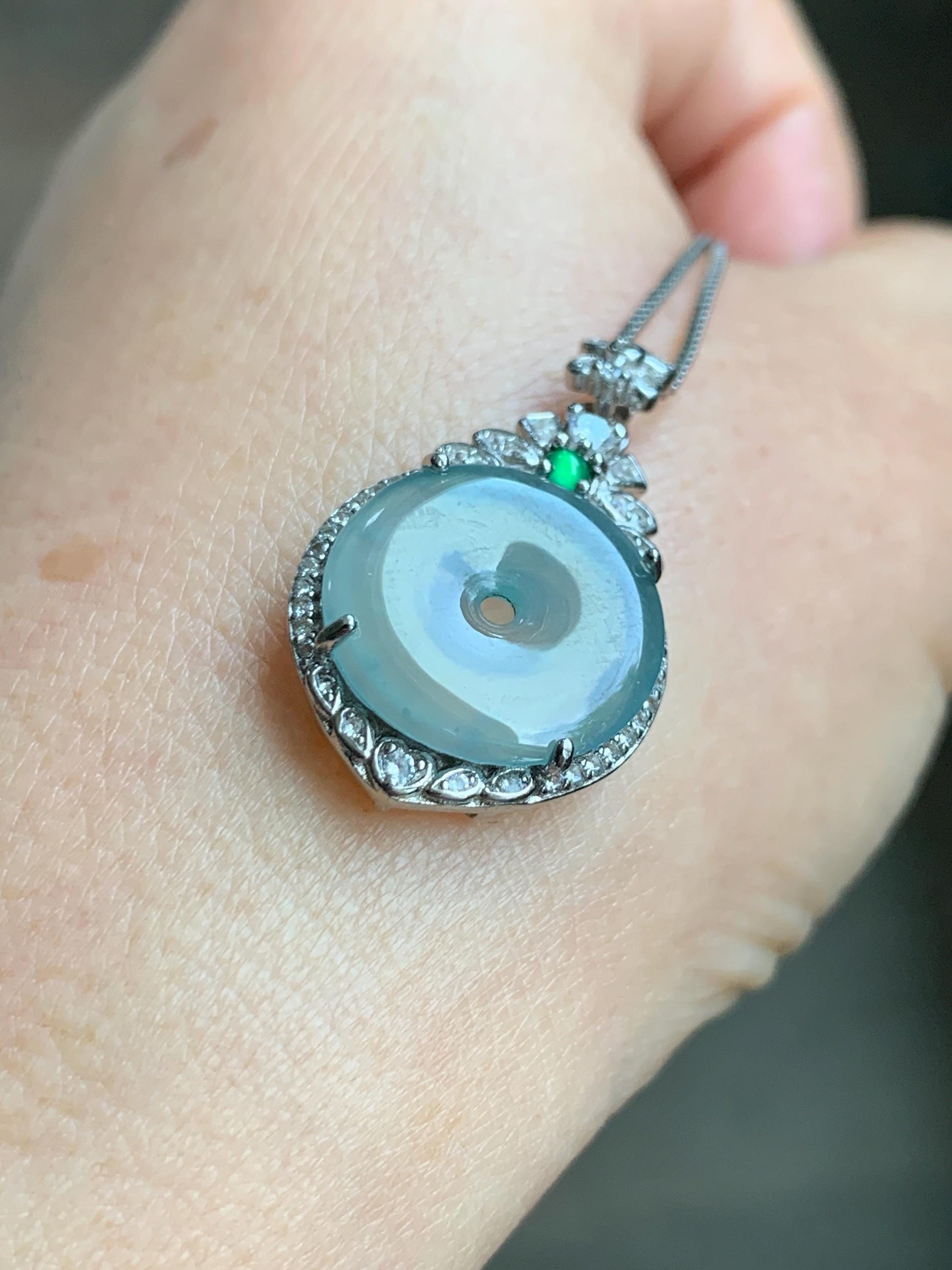 Natural Grade A Guatemalan Icy Translucent Pastel Teal Green Jade Jadeite Ping An Kou Donut Pendant Sterling Silver 天然冰危浅蓝绿翡翠平安扣吊坠 WQK204B