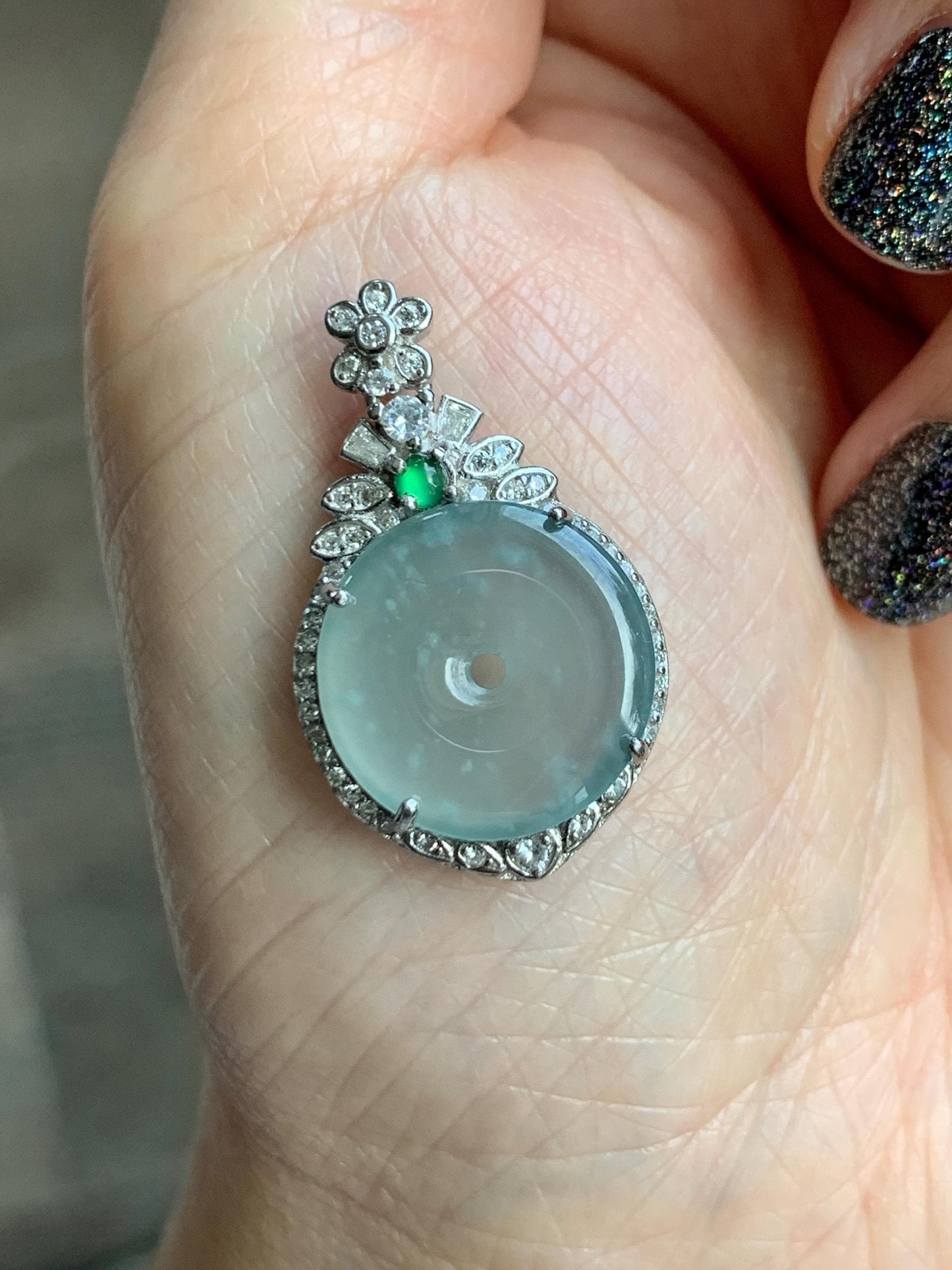 Natural Grade A Guatemalan Icy Translucent Pastel Teal Green Jade Jadeite Ping An Kou Donut Pendant Sterling Silver 天然冰危浅蓝绿翡翠平安扣吊坠 WQK204B