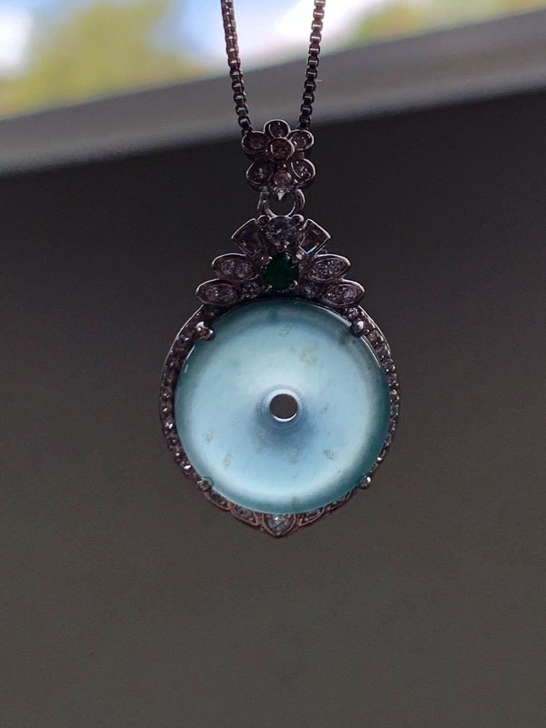 Natural Grade A Guatemalan Icy Translucent Pastel Teal Green Jade Jadeite Ping An Kou Donut Pendant Sterling Silver 天然冰危浅蓝绿翡翠平安扣吊坠 WQK204C