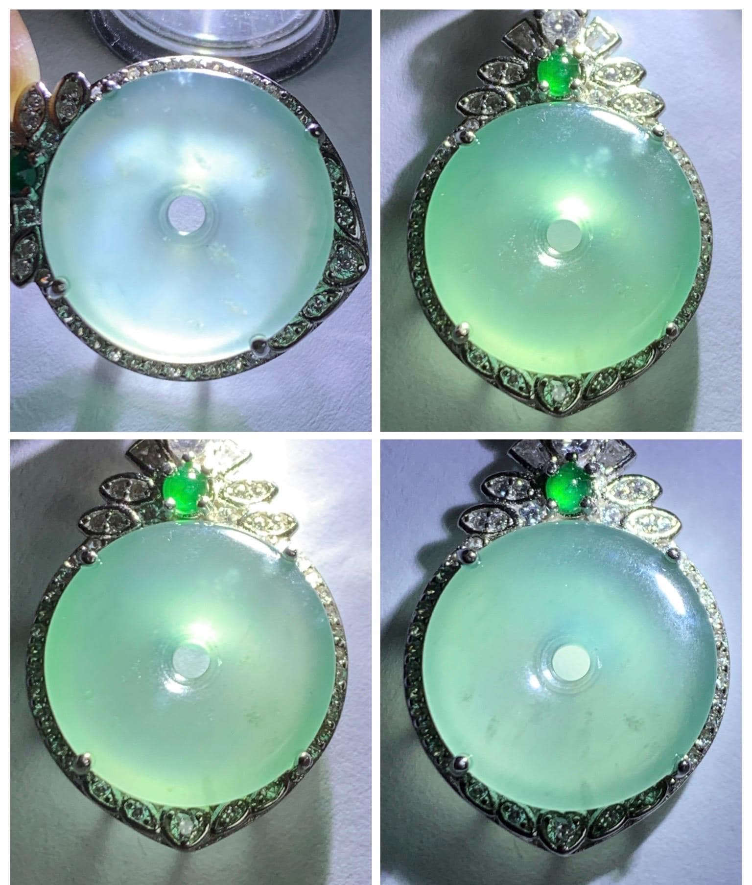 Natural Grade A Guatemalan Icy Translucent Pastel Teal Green Jade Jadeite Ping An Kou Donut Pendant Sterling Silver 天然冰危浅蓝绿翡翠平安扣吊坠 WQK204C