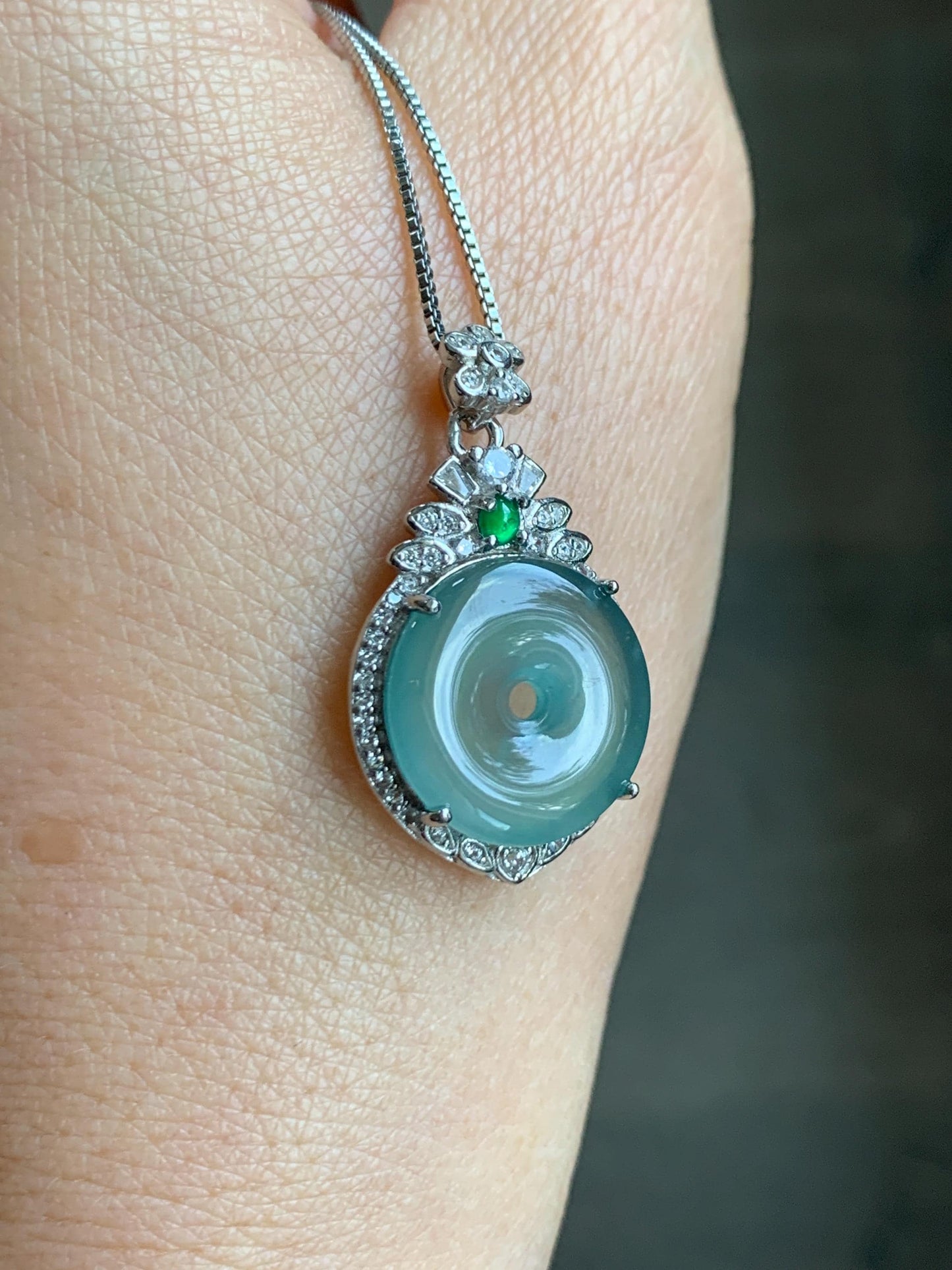 Natural Grade A Guatemalan Icy Translucent Pastel Teal Green Jade Jadeite Ping An Kou Donut Pendant Sterling Silver 天然冰危浅蓝绿翡翠平安扣吊坠 WQK204C