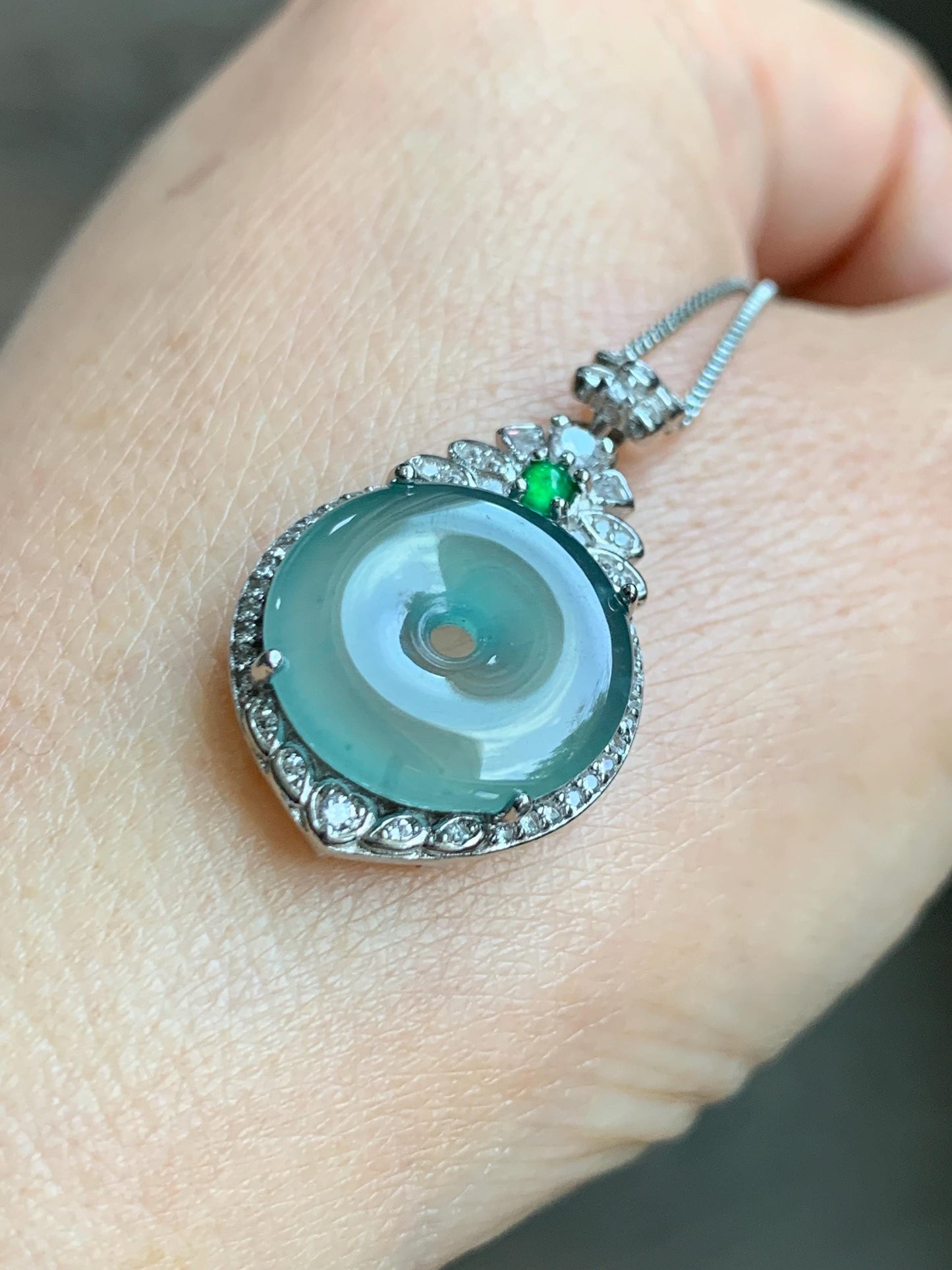 Natural Grade A Guatemalan Icy Translucent Pastel Teal Green Jade Jadeite Ping An Kou Donut Pendant Sterling Silver 天然冰危浅蓝绿翡翠平安扣吊坠 WQK204C
