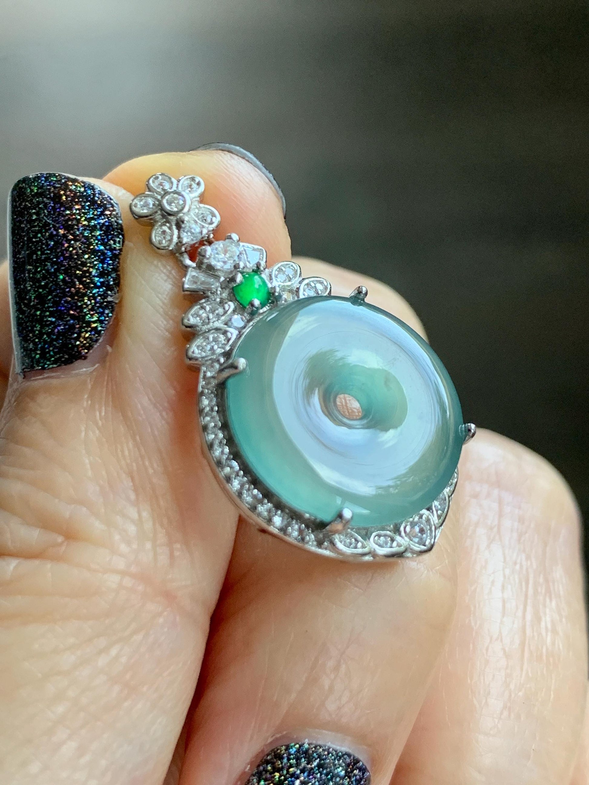 Natural Grade A Guatemalan Icy Translucent Pastel Teal Green Jade Jadeite Ping An Kou Donut Pendant Sterling Silver 天然冰危浅蓝绿翡翠平安扣吊坠 WQK204C