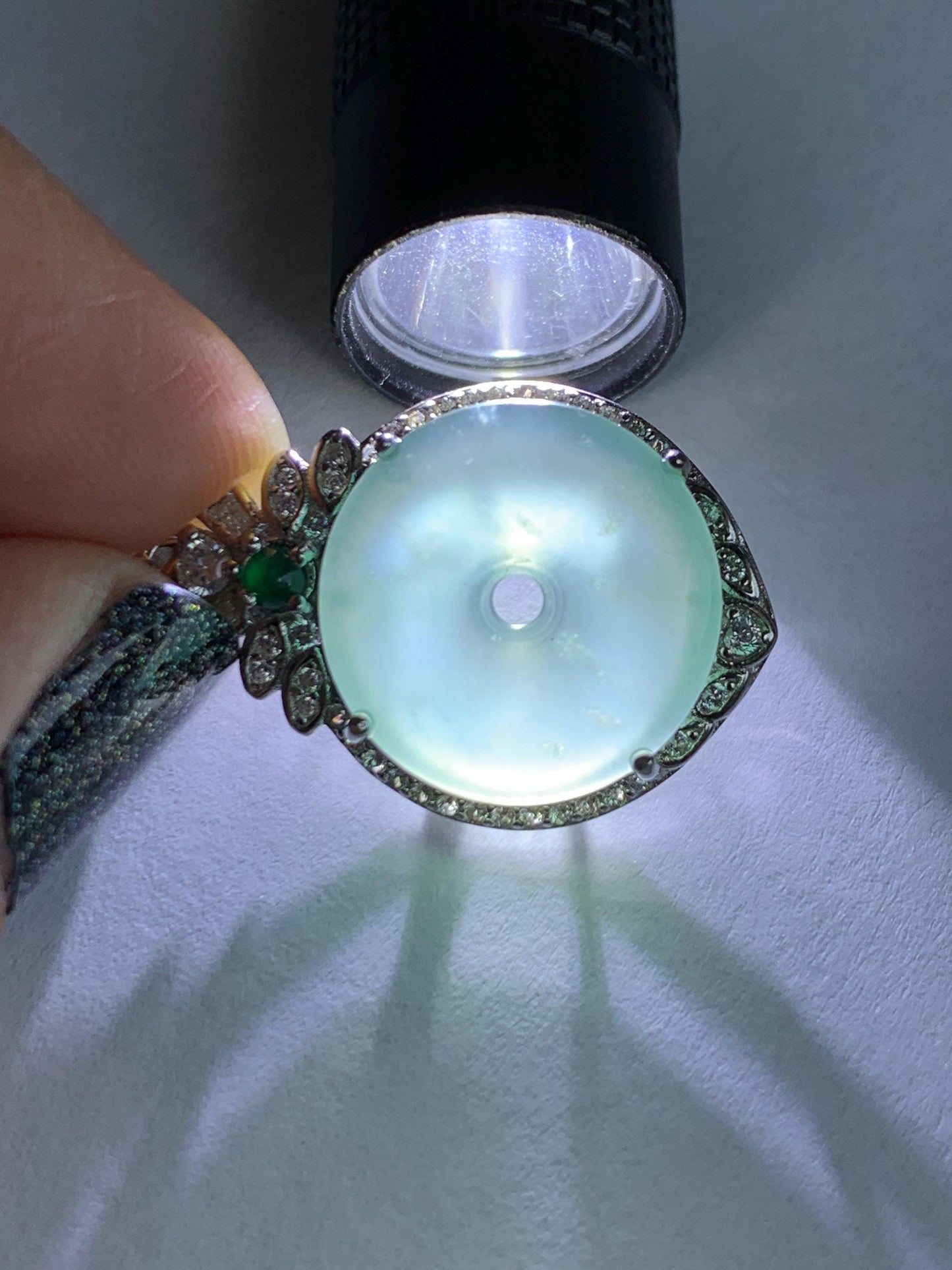 Natural Grade A Guatemalan Icy Translucent Pastel Teal Green Jade Jadeite Ping An Kou Donut Pendant Sterling Silver 天然冰危浅蓝绿翡翠平安扣吊坠 WQK204C