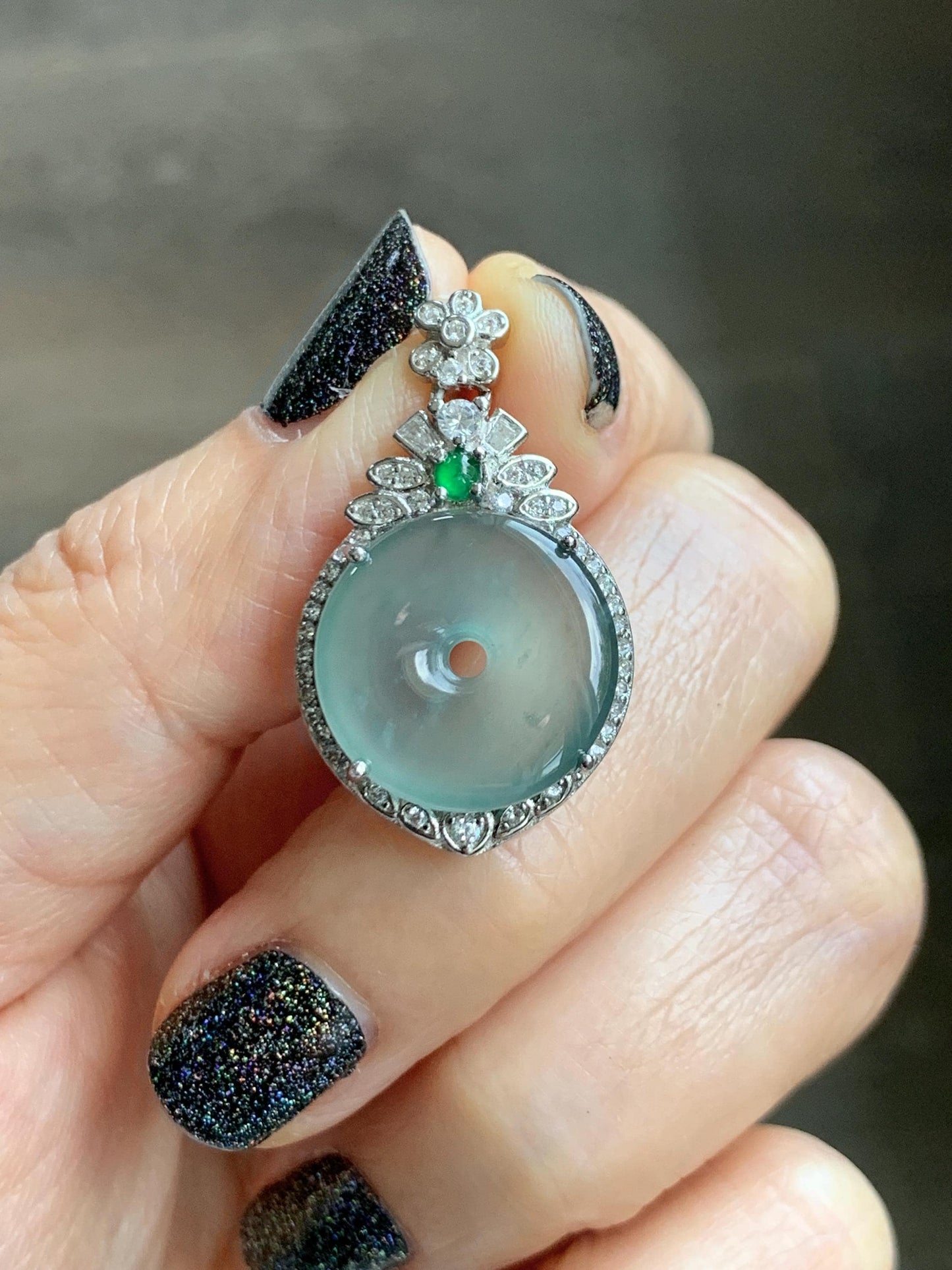 Natural Grade A Guatemalan Icy Translucent Pastel Teal Green Jade Jadeite Ping An Kou Donut Pendant Sterling Silver 天然冰危浅蓝绿翡翠平安扣吊坠 WQK204C