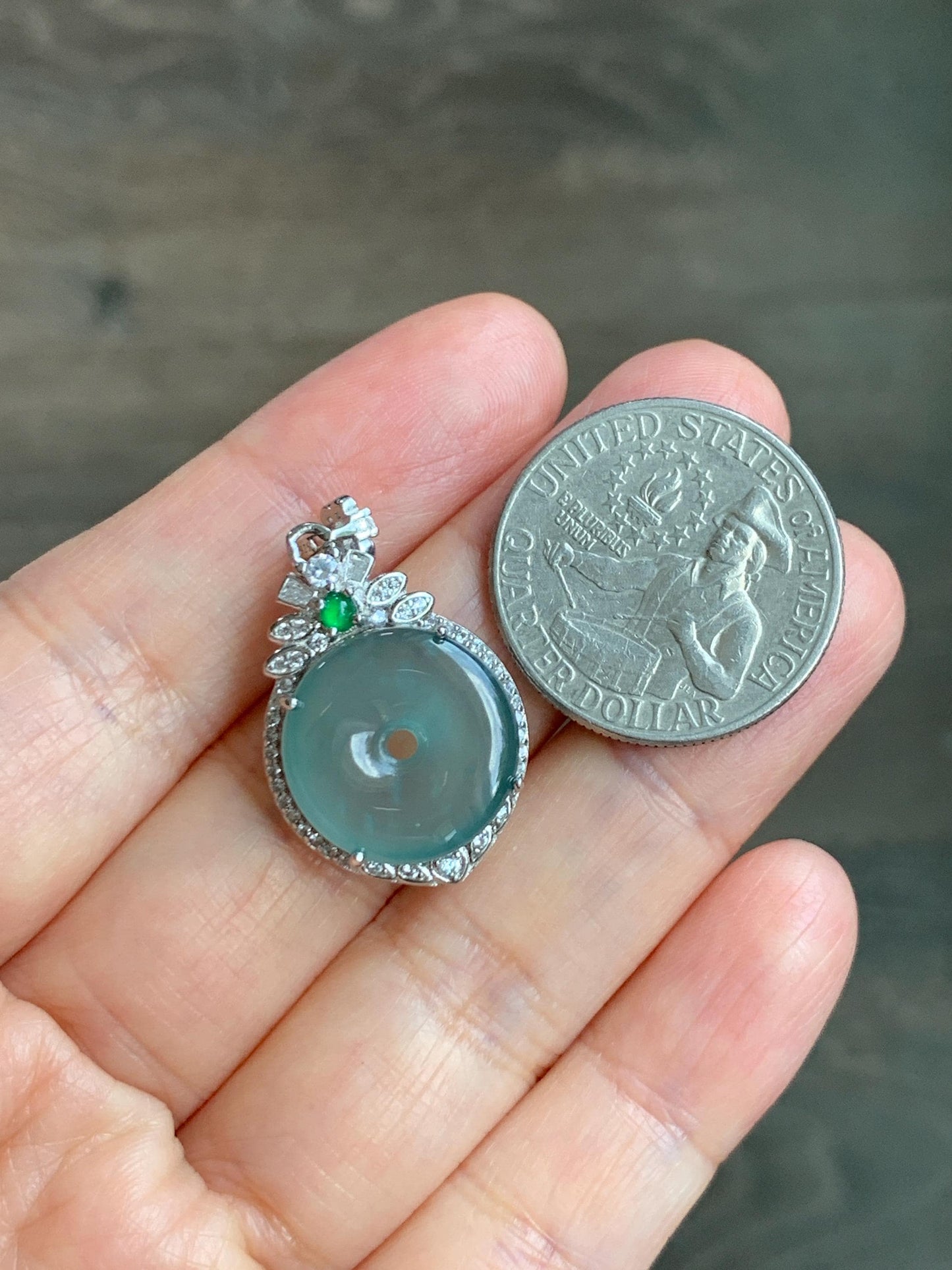 Natural Grade A Guatemalan Icy Translucent Pastel Teal Green Jade Jadeite Ping An Kou Donut Pendant Sterling Silver 天然冰危浅蓝绿翡翠平安扣吊坠 WQK204C