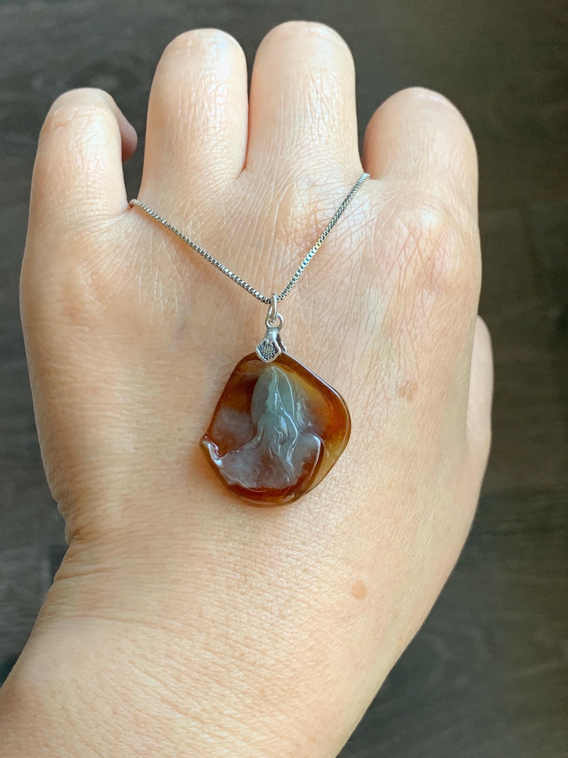Natural Grade A Bicolored Icy White & Red Highly Translucent Jade Jadeite Carved Wu Dao Pendant Sterling Silver 5g 天然冰油红皮双色翡翠悟道镶嵌吊坠 MHP228
