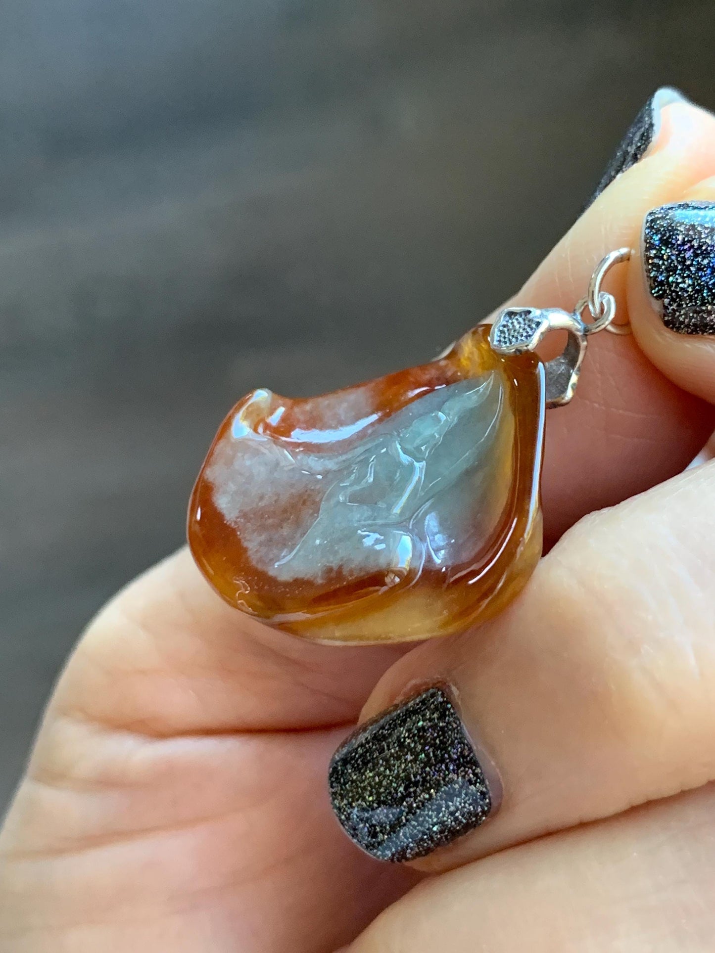 Natural Grade A Bicolored Icy White & Red Highly Translucent Jade Jadeite Carved Wu Dao Pendant Sterling Silver 5g 天然冰油红皮双色翡翠悟道镶嵌吊坠 MHP228