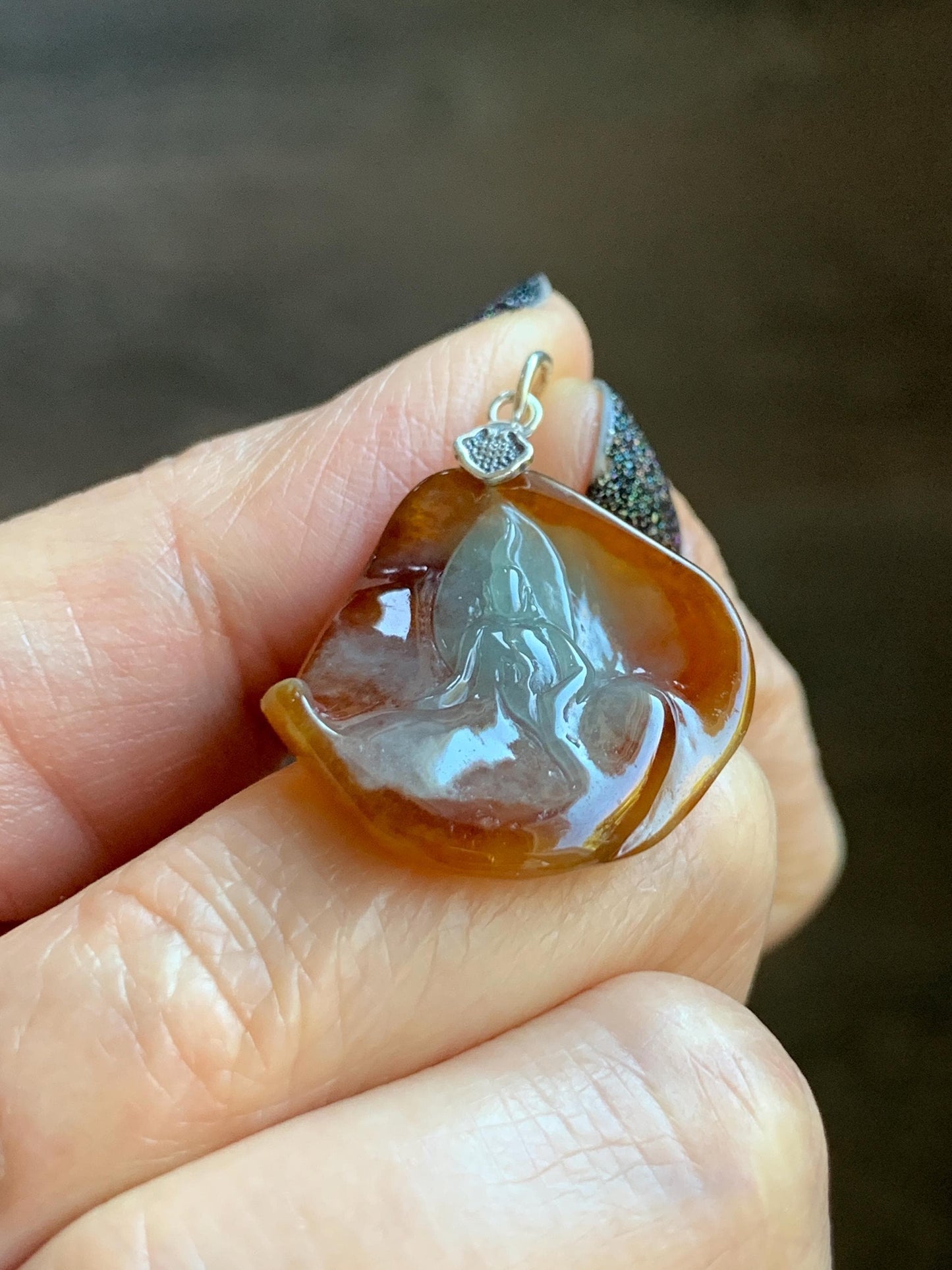 Natural Grade A Bicolored Icy White & Red Highly Translucent Jade Jadeite Carved Wu Dao Pendant Sterling Silver 5g 天然冰油红皮双色翡翠悟道镶嵌吊坠 MHP228