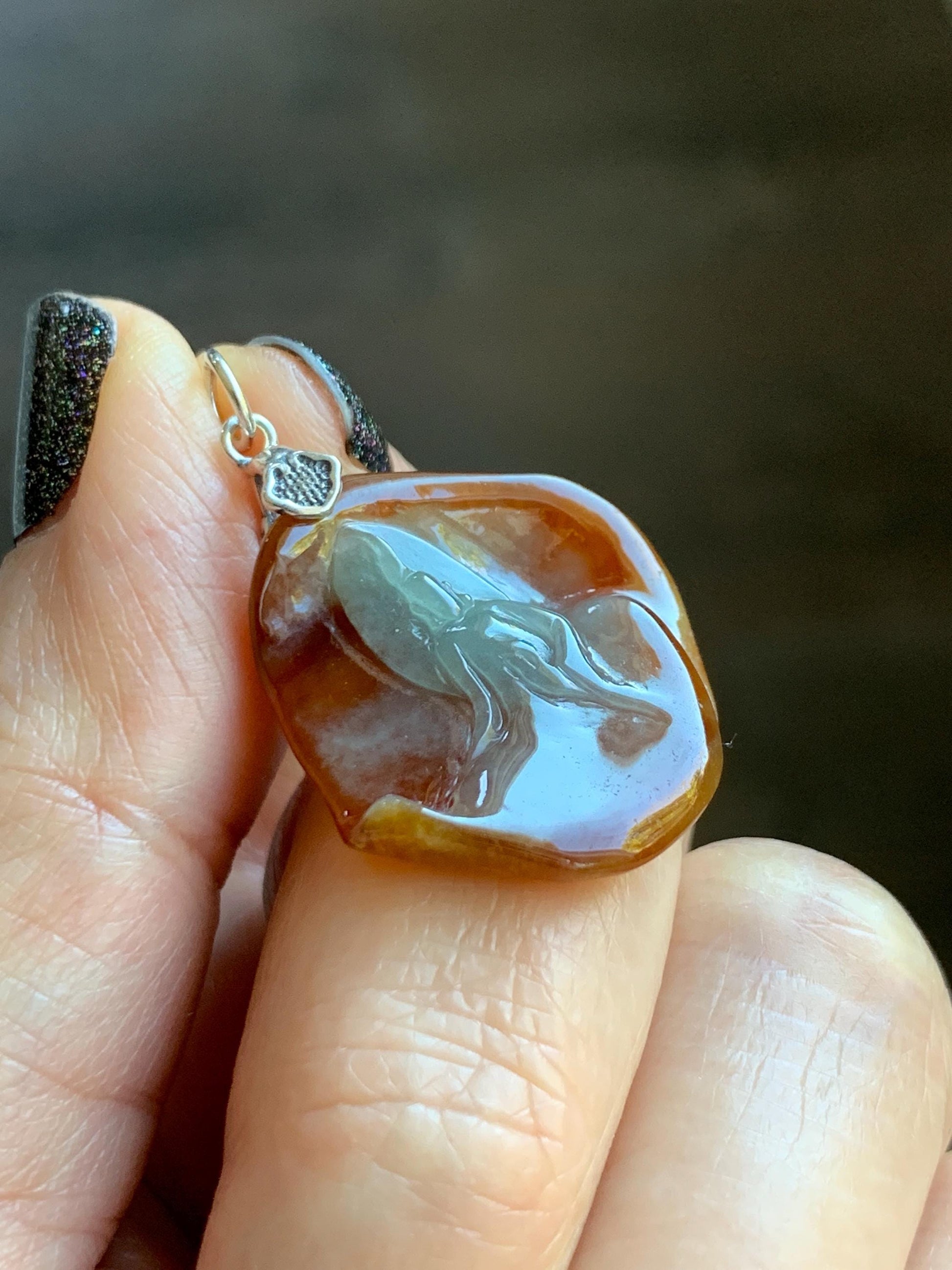 Natural Grade A Bicolored Icy White & Red Highly Translucent Jade Jadeite Carved Wu Dao Pendant Sterling Silver 5g 天然冰油红皮双色翡翠悟道镶嵌吊坠 MHP228