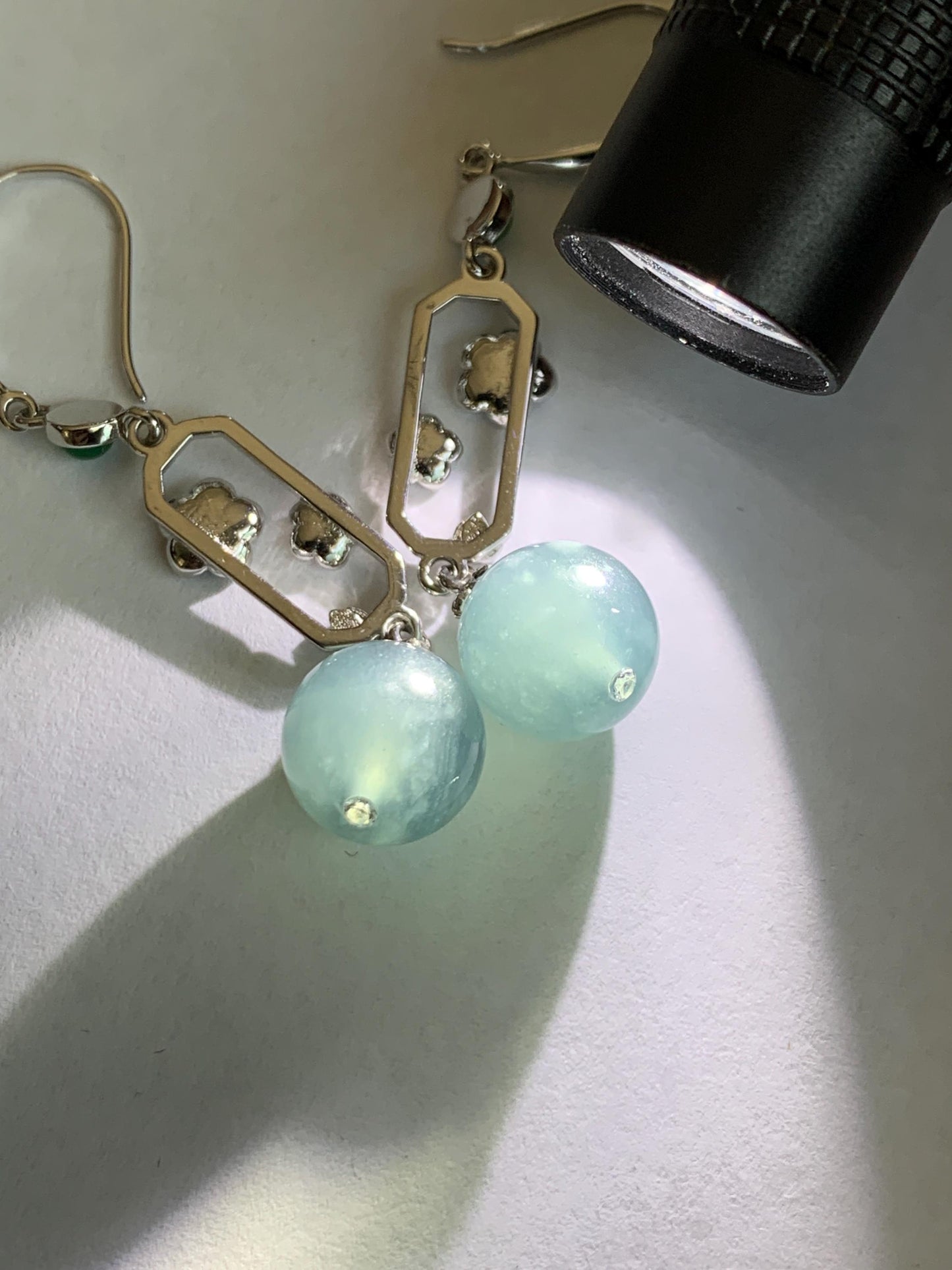 Natural Guatemalan Grade A Icy Highly Translucent Dusty Blue Jade Jadeite Beads Hook Dangle Earrings Sterling Silver 天然冰危蓝翡翠圆珠耳钩 DZCH110