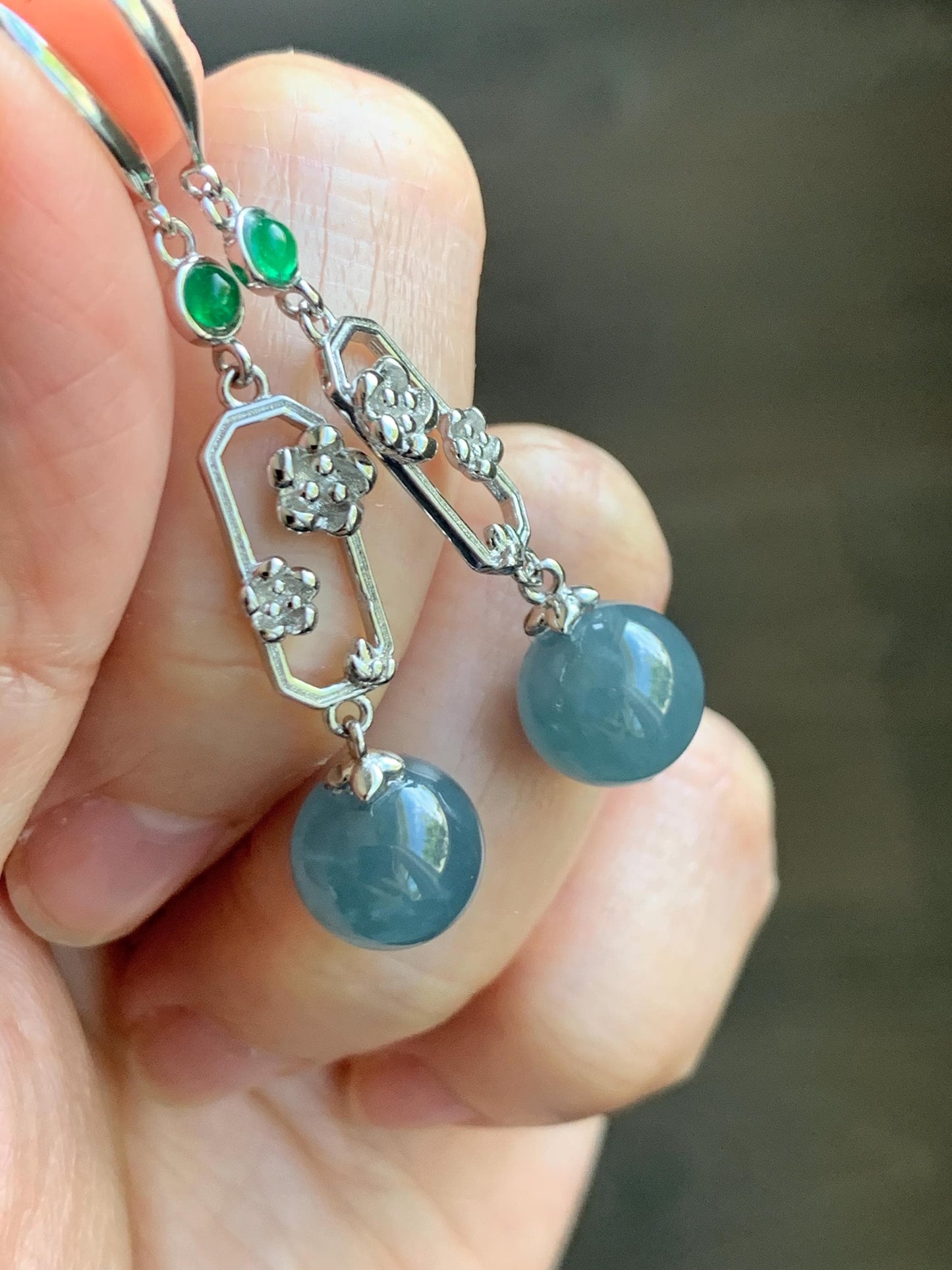 Natural Guatemalan Grade A Icy Highly Translucent Dusty Blue Jade Jadeite Beads Hook Dangle Earrings Sterling Silver 天然冰危蓝翡翠圆珠耳钩 DZCH110