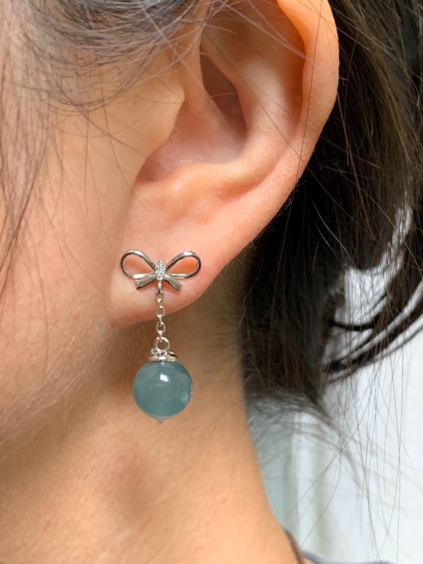 Natural Guatemalan Grade A Icy Highly Translucent Teal Blue Jade Jadeite Beads Hook Dangle Earrings Sterling Silver 天然冰危蓝翡翠圆珠耳钩 DZD110