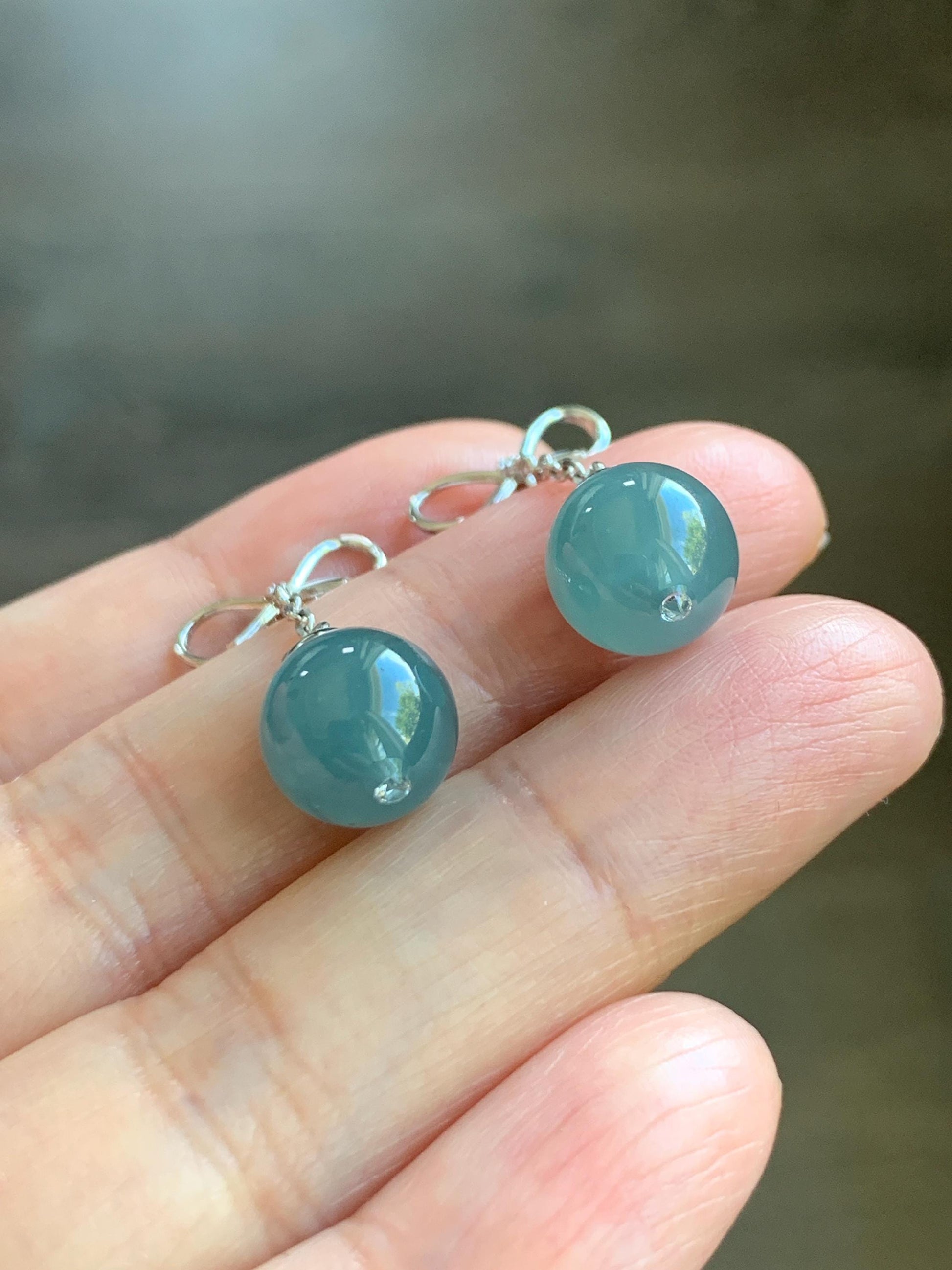 Natural Guatemalan Grade A Icy Highly Translucent Teal Blue Jade Jadeite Beads Hook Dangle Earrings Sterling Silver 天然冰危蓝翡翠圆珠耳钩 DZD110