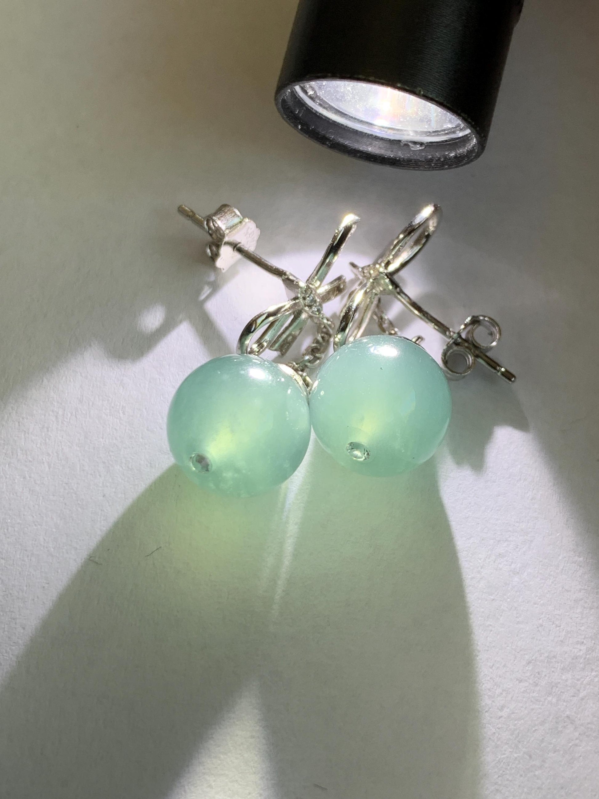 Natural Guatemalan Grade A Icy Highly Translucent Teal Blue Jade Jadeite Beads Hook Dangle Earrings Sterling Silver 天然冰危蓝翡翠圆珠耳钩 DZD110