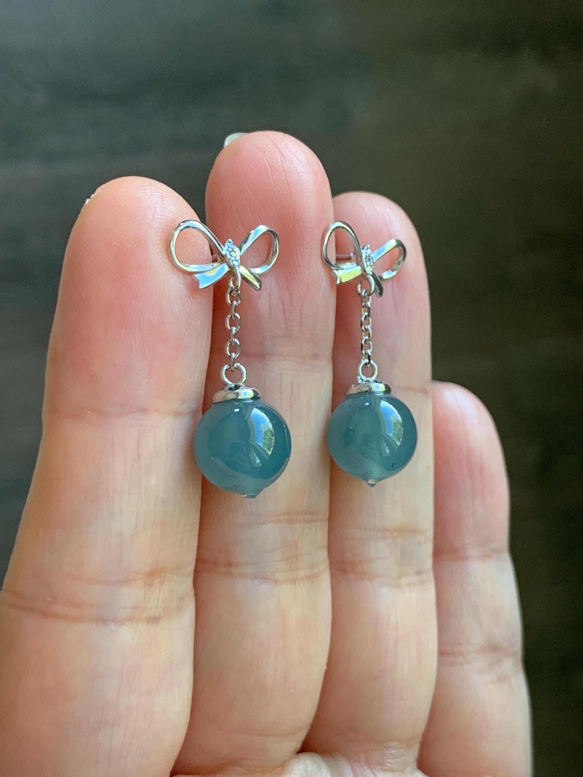 Natural Guatemalan Grade A Icy Highly Translucent Teal Blue Jade Jadeite Beads Hook Dangle Earrings Sterling Silver 天然冰危蓝翡翠圆珠耳钩 DZD110