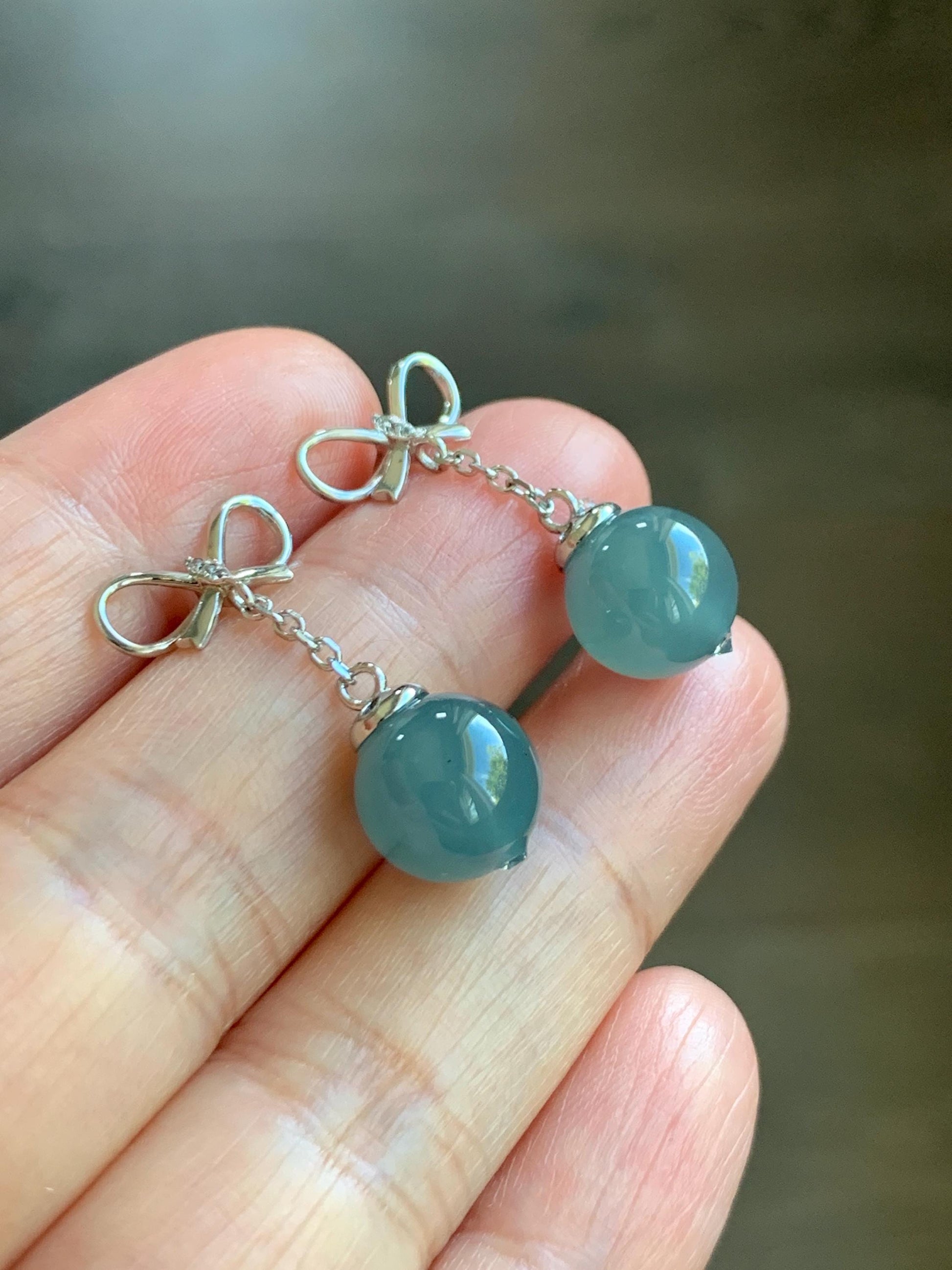 Natural Guatemalan Grade A Icy Highly Translucent Teal Blue Jade Jadeite Beads Hook Dangle Earrings Sterling Silver 天然冰危蓝翡翠圆珠耳钩 DZD110