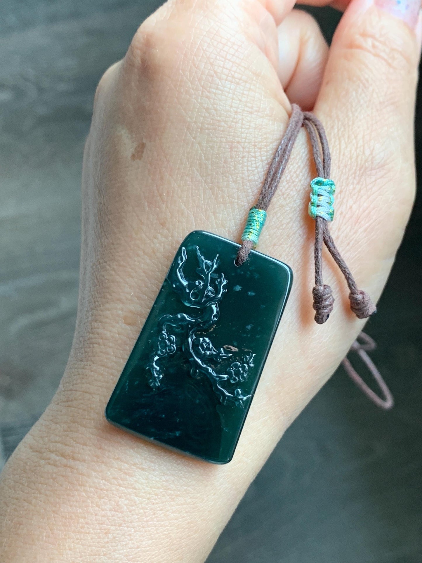 Natural Grade A Guatemalan Icy Translucent Dark Teal Blue Jade Jadeite Cherry Blossom Branch Pendant Rope Necklace 28” 天然冰危深蓝翡翠梅花枝吊坠 LWL248
