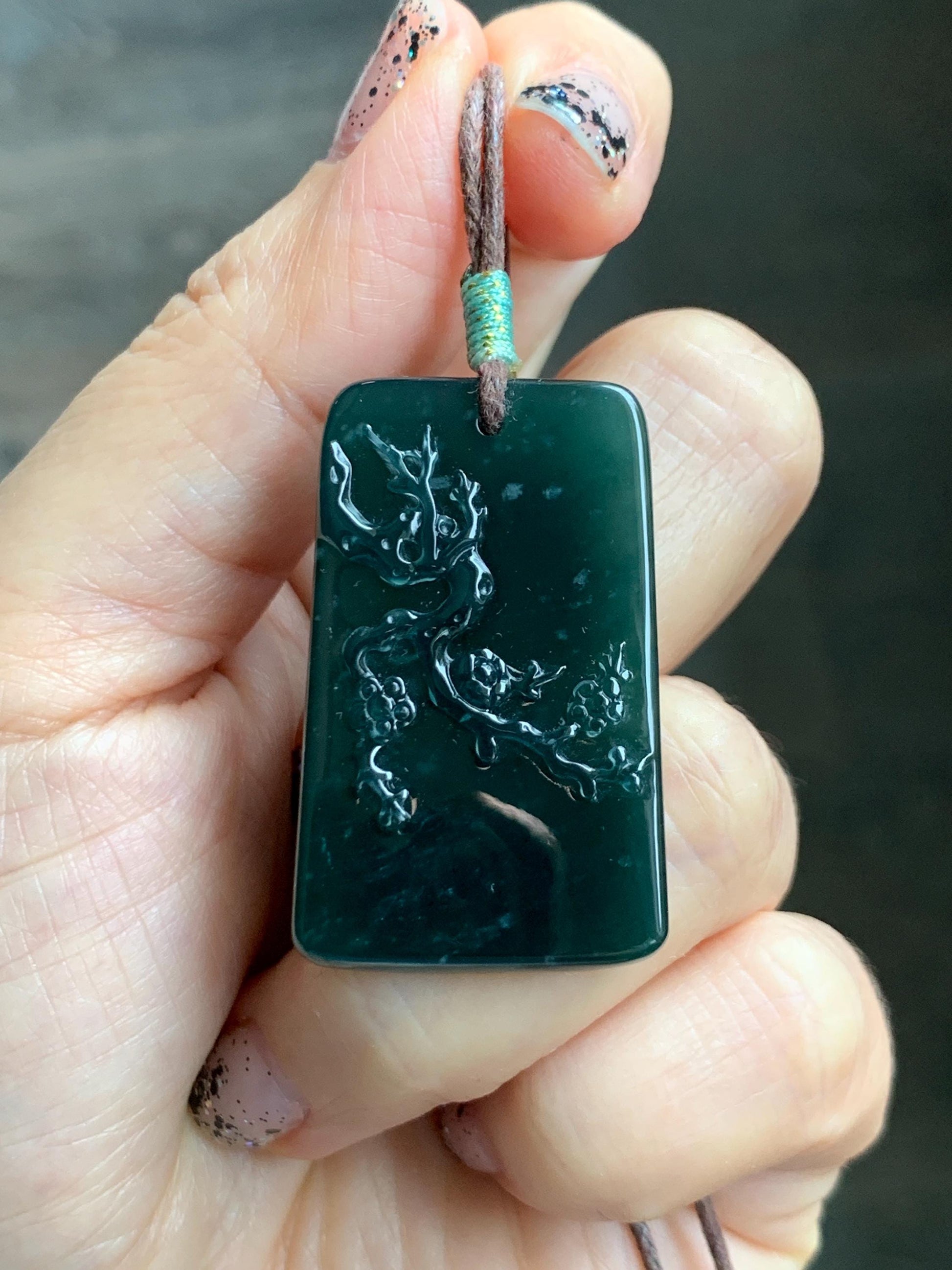 Natural Grade A Guatemalan Icy Translucent Dark Teal Blue Jade Jadeite Cherry Blossom Branch Pendant Rope Necklace 28” 天然冰危深蓝翡翠梅花枝吊坠 LWL248