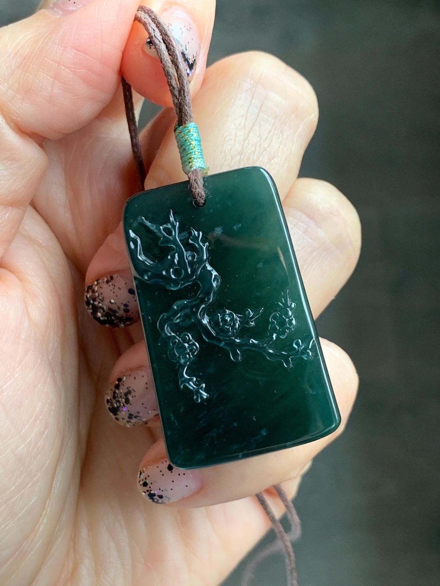 Natural Grade A Guatemalan Icy Translucent Dark Teal Blue Jade Jadeite Cherry Blossom Branch Pendant Rope Necklace 28” 天然冰危深蓝翡翠梅花枝吊坠 LWL248