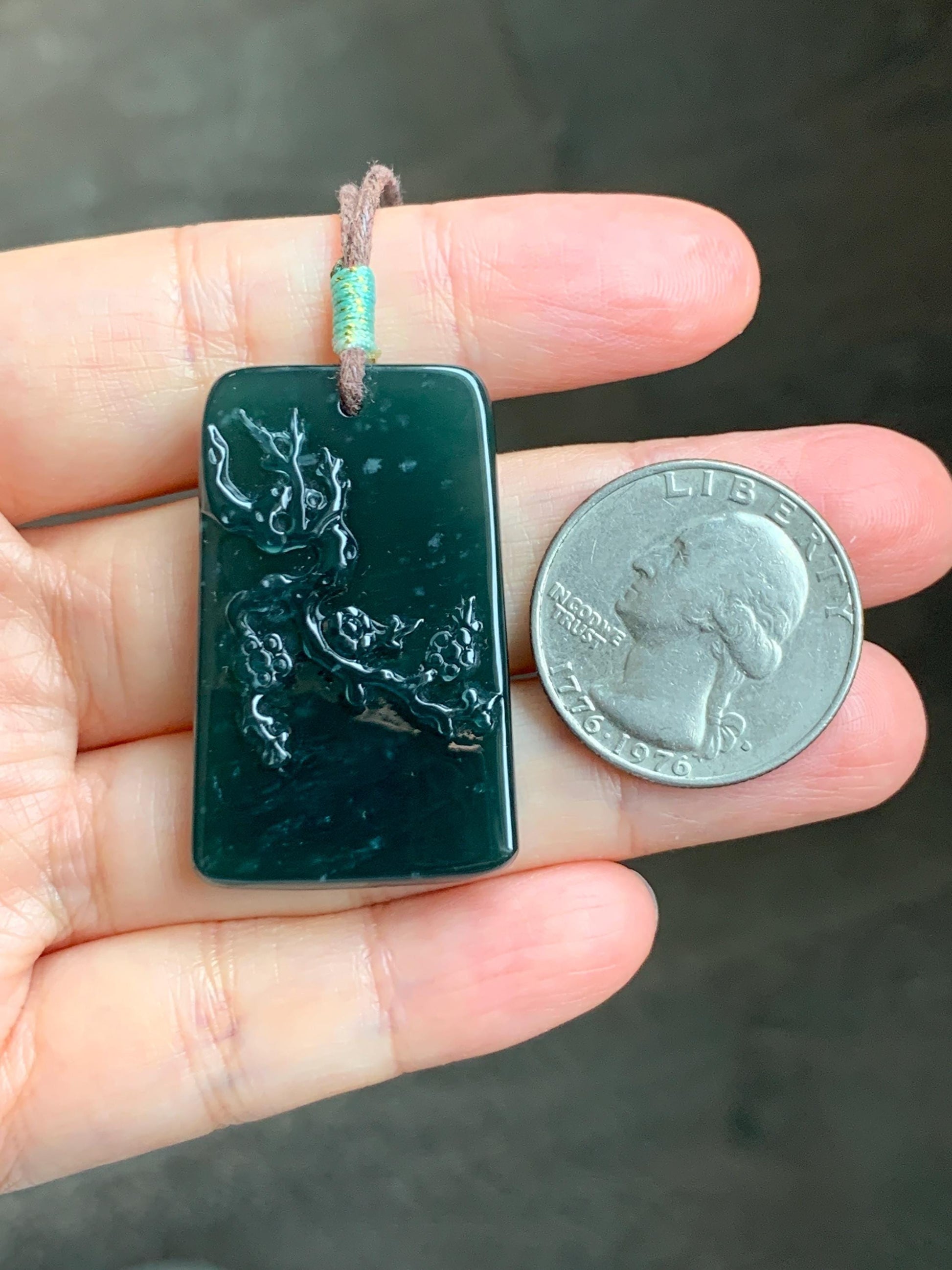 Natural Grade A Guatemalan Icy Translucent Dark Teal Blue Jade Jadeite Cherry Blossom Branch Pendant Rope Necklace 28” 天然冰危深蓝翡翠梅花枝吊坠 LWL248