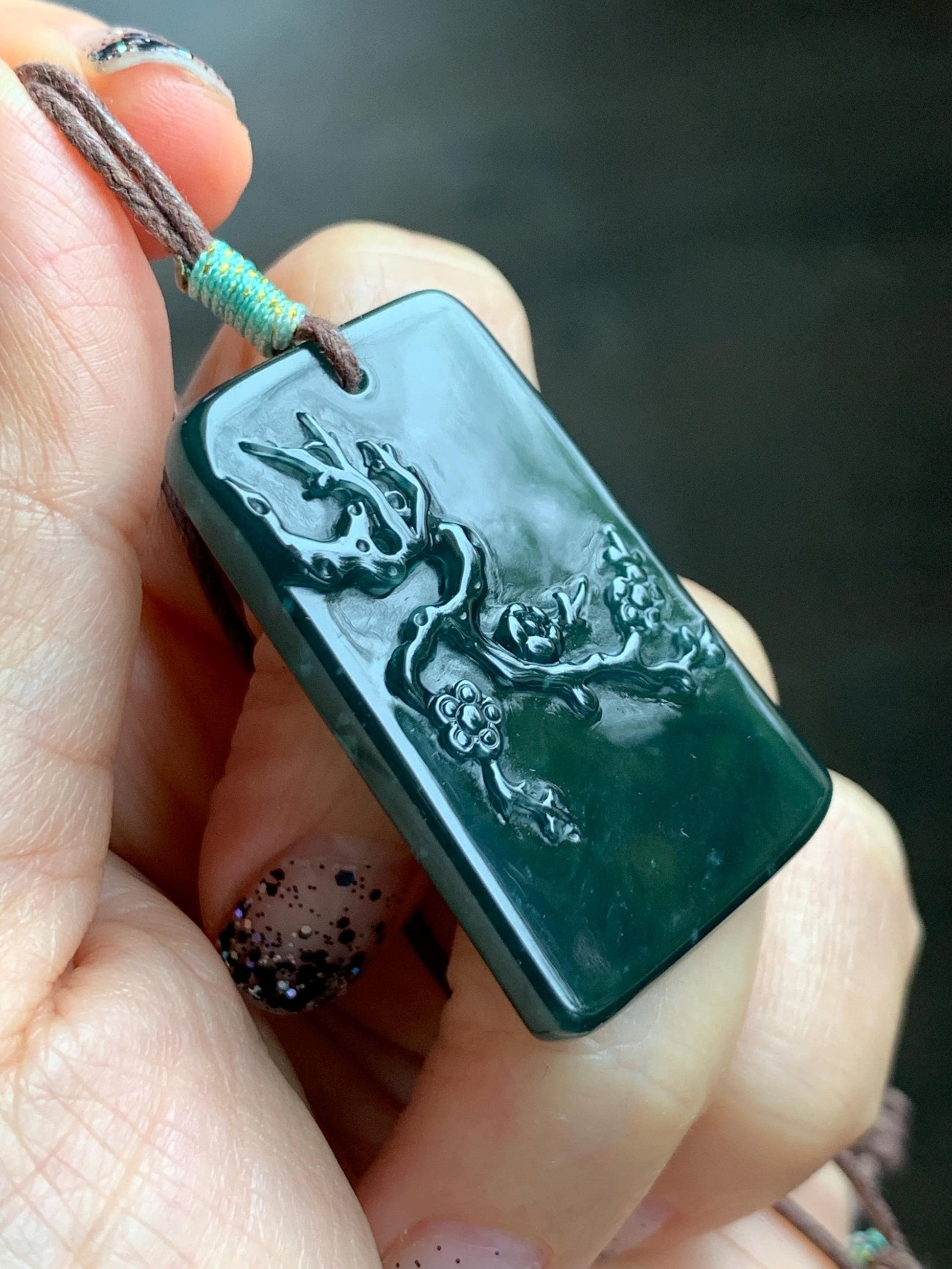 Natural Grade A Guatemalan Icy Translucent Dark Teal Blue Jade Jadeite Cherry Blossom Branch Pendant Rope Necklace 28” 天然冰危深蓝翡翠梅花枝吊坠 LWL248
