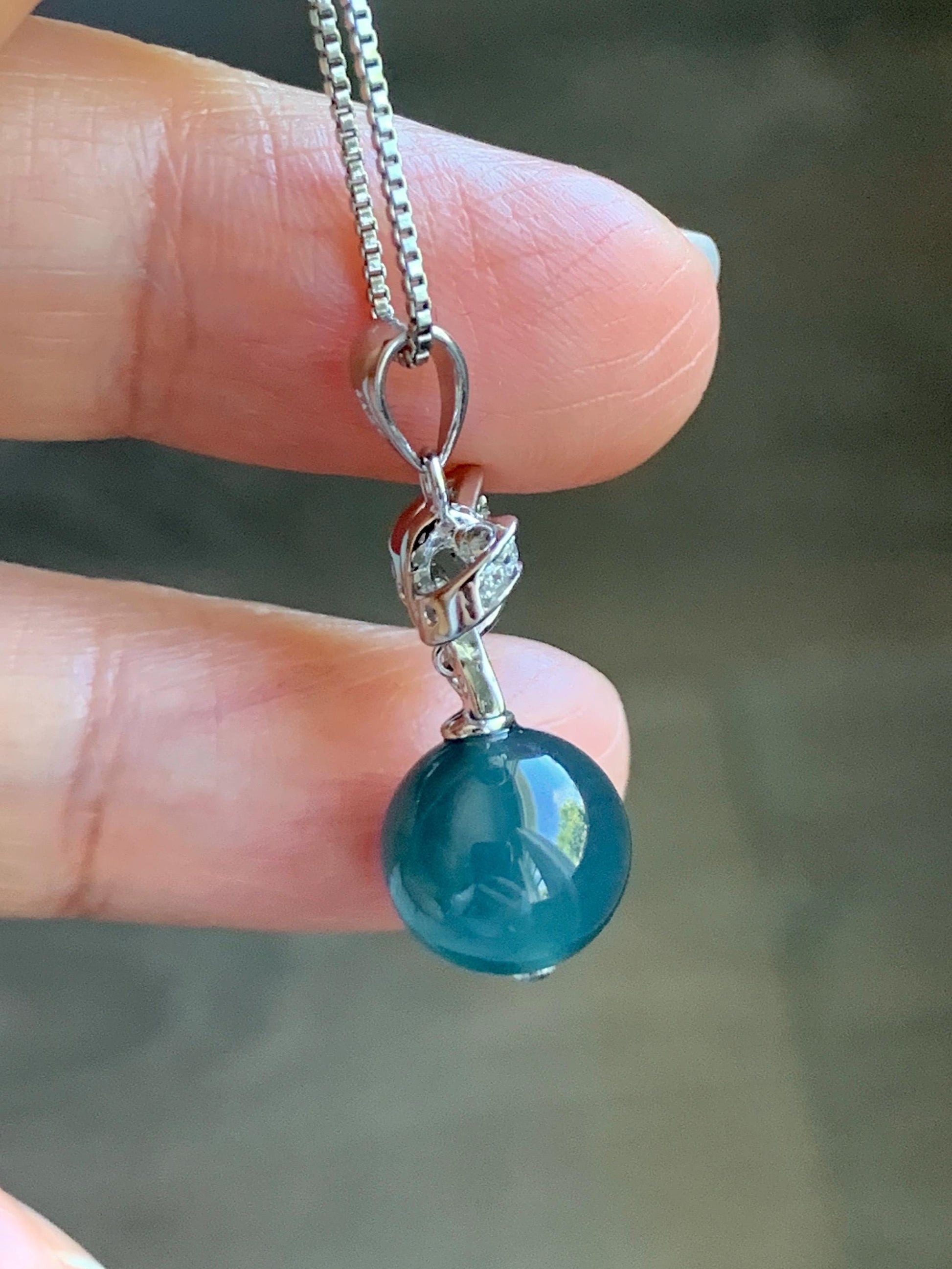 Natural Grade A Guatemalan Icy Highly Translucent Intense Teal Blue Jade Jadeite Bead Sphere Pendant Sterling Silver 天然冰危深蓝翡翠单珠镶嵌吊坠 WSLZ85