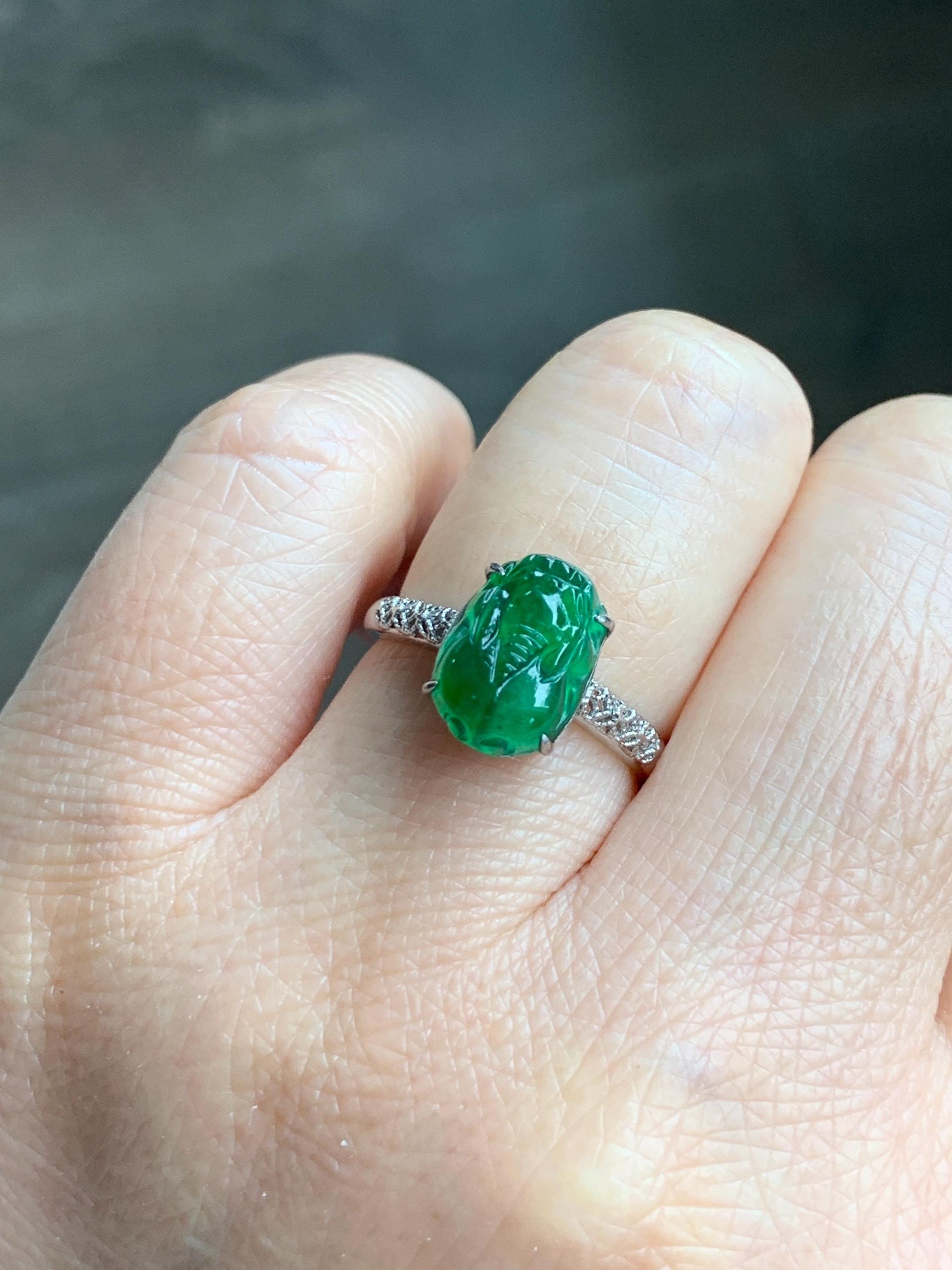 Natural Grade A Guatemalan Icy Translucent Vibrant Green Jade Jadeite Pixiu Ring Sterling Silver Size 7 Adjustable 天然冰危绿翡翠貔貅银镶戒指 WPX110