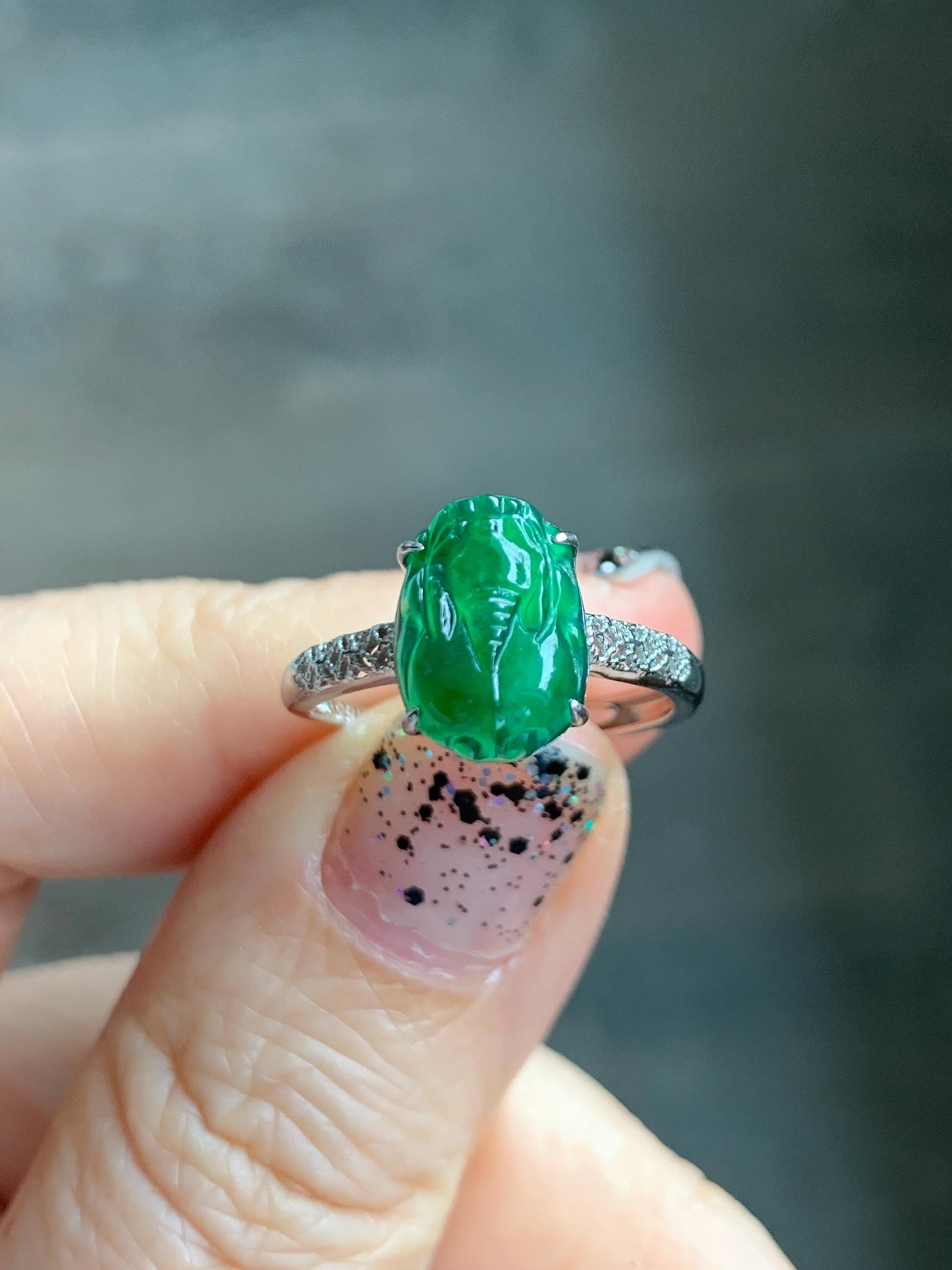 Natural Grade A Guatemalan Icy Translucent Vibrant Green Jade Jadeite Pixiu Ring Sterling Silver Size 7 Adjustable 天然冰危绿翡翠貔貅银镶戒指 WPX110