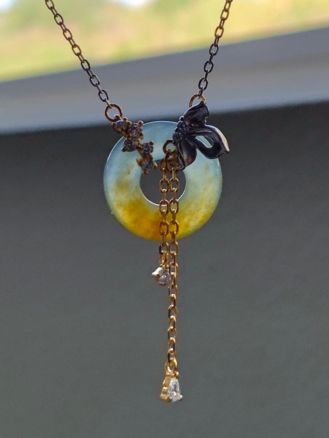 Natural Grade A Guatemalan Icy Translucent Yellow Dusty Blue Jade Jadeite Ping An Kou Donut Necklace Sterling Silver 天然冰危蓝加黄翡翠平安扣锁骨链 WLH110
