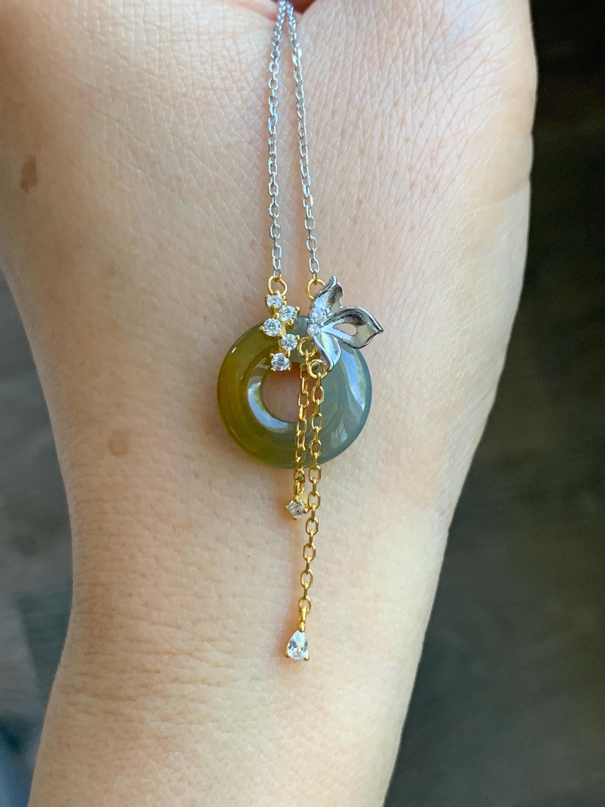 Natural Grade A Guatemalan Icy Translucent Yellow Dusty Blue Jade Jadeite Ping An Kou Donut Necklace Sterling Silver 天然冰危蓝加黄翡翠平安扣锁骨链 WLH110